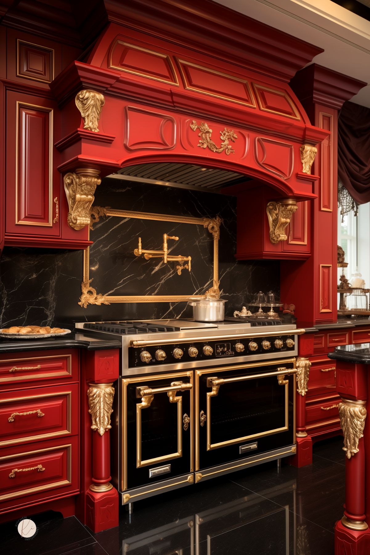 A luxurious kitchen with ornate red cabinetry featuring intricate gold detailing. A grand black and gold range stands against a black marble backsplash with gold accents and a decorative pot filler. The custom range hood is adorned with carved gold embellishments, matching the opulent aesthetic. Glossy black flooring enhances the dramatic contrast, creating a regal and elegant cooking space.