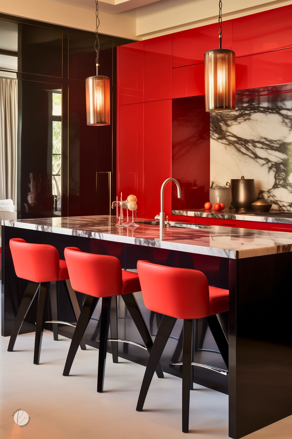 A luxurious modern kitchen with glossy red and black cabinetry, a striking marble backsplash, and a sleek waterfall island. Three bold red barstools with black legs provide stylish seating. Two warm-toned pendant lights hang above the island, enhancing the dramatic ambiance. The reflective surfaces and high-contrast design create an elegant, contemporary space with a refined aesthetic.