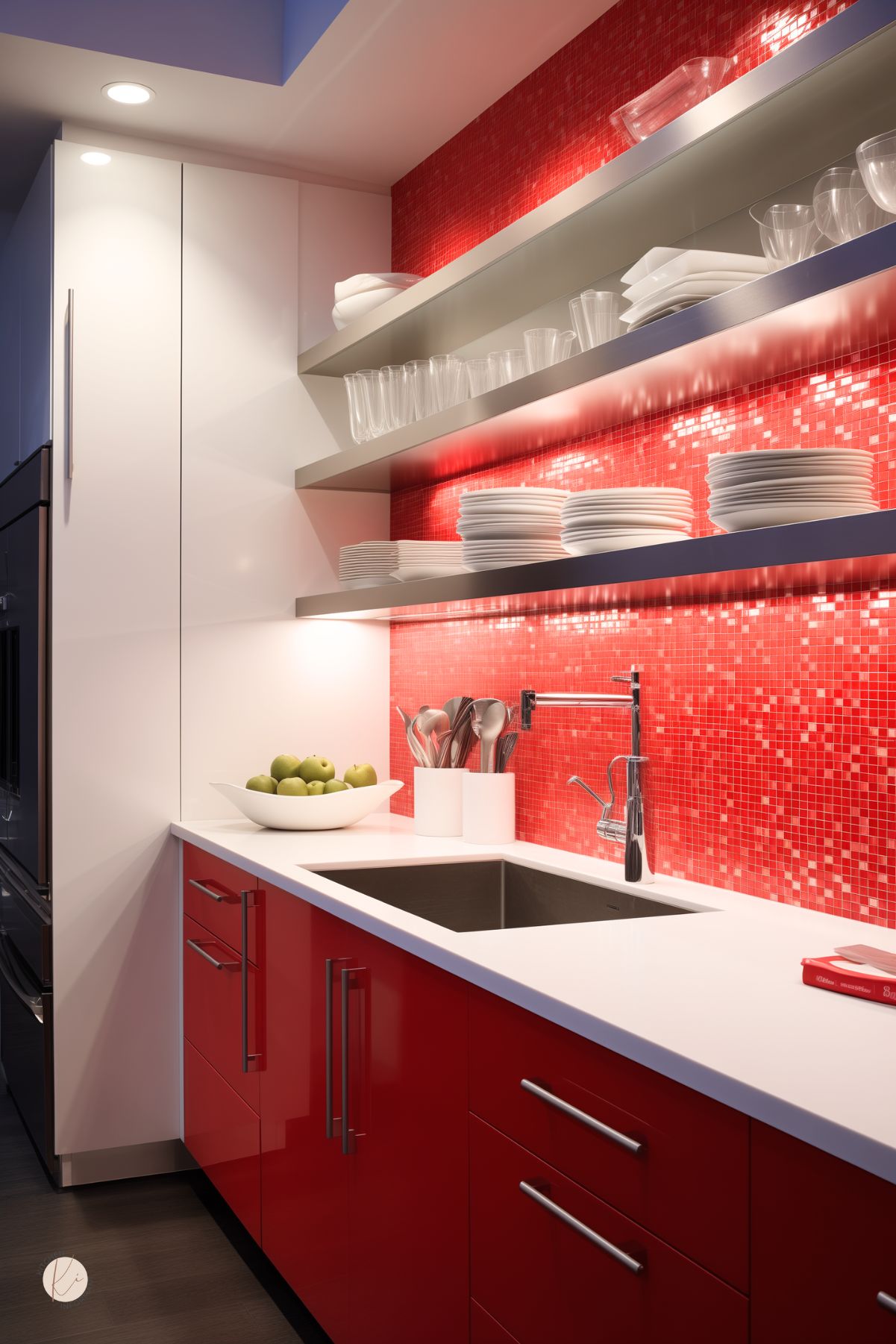 A sleek modern kitchen with glossy red lower cabinets, white countertops, and a bold red mosaic tile backsplash. Open stainless steel shelving holds neatly stacked white dishes and glassware. A deep stainless steel sink with a modern faucet sits beneath under-cabinet lighting. A white bowl of green apples adds a fresh contrast to the vibrant red tones, enhancing the clean and contemporary design.