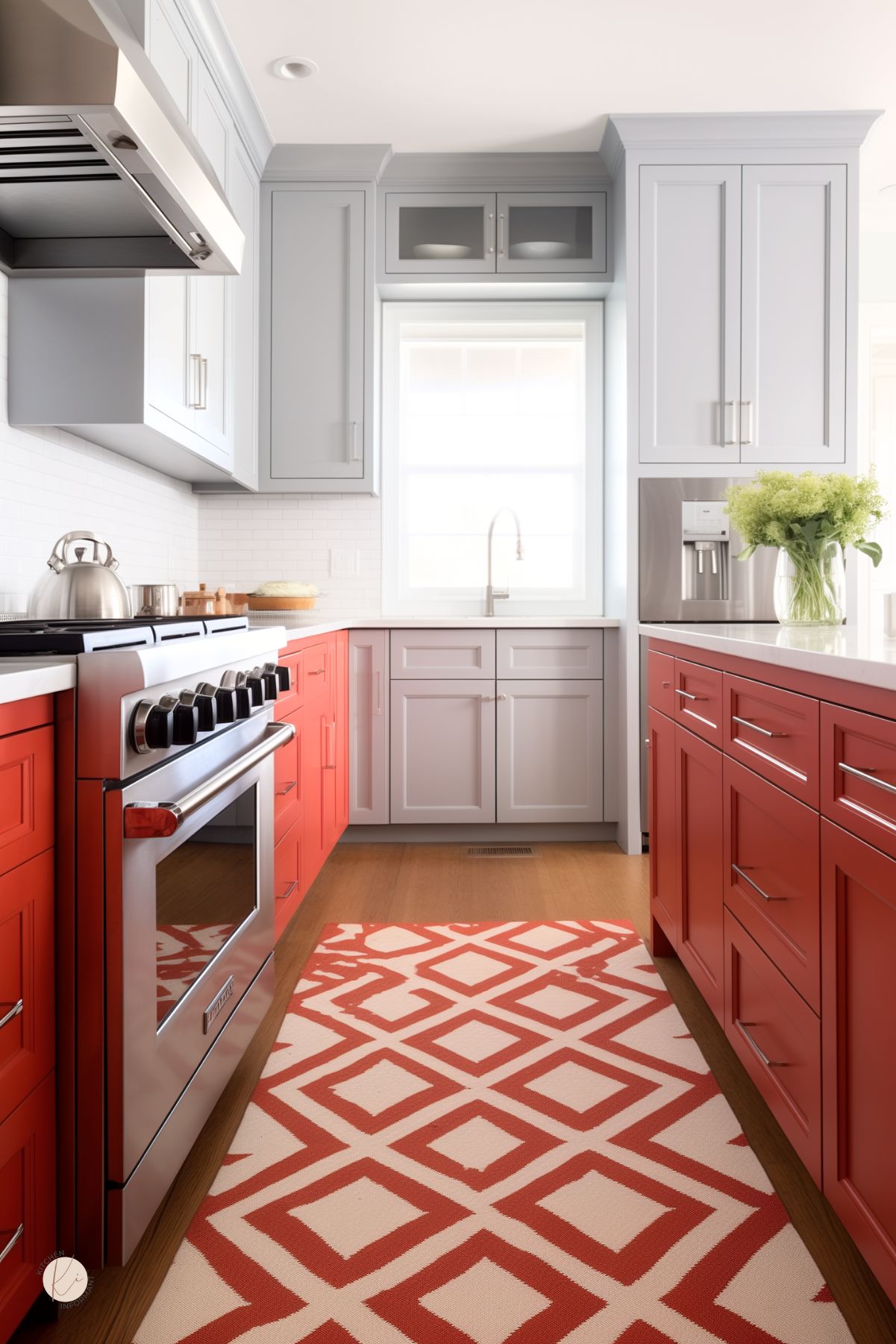 A bright galley kitchen with bold red lower cabinets and soft gray upper cabinets, creating a striking contrast. White countertops and a subway tile backsplash add a clean, modern touch. A stainless steel gas range and refrigerator enhance the contemporary design. A red and white geometric runner ties the color scheme together, while a vase of fresh greenery adds warmth to the space. Natural light streams in from a large window over the sink.