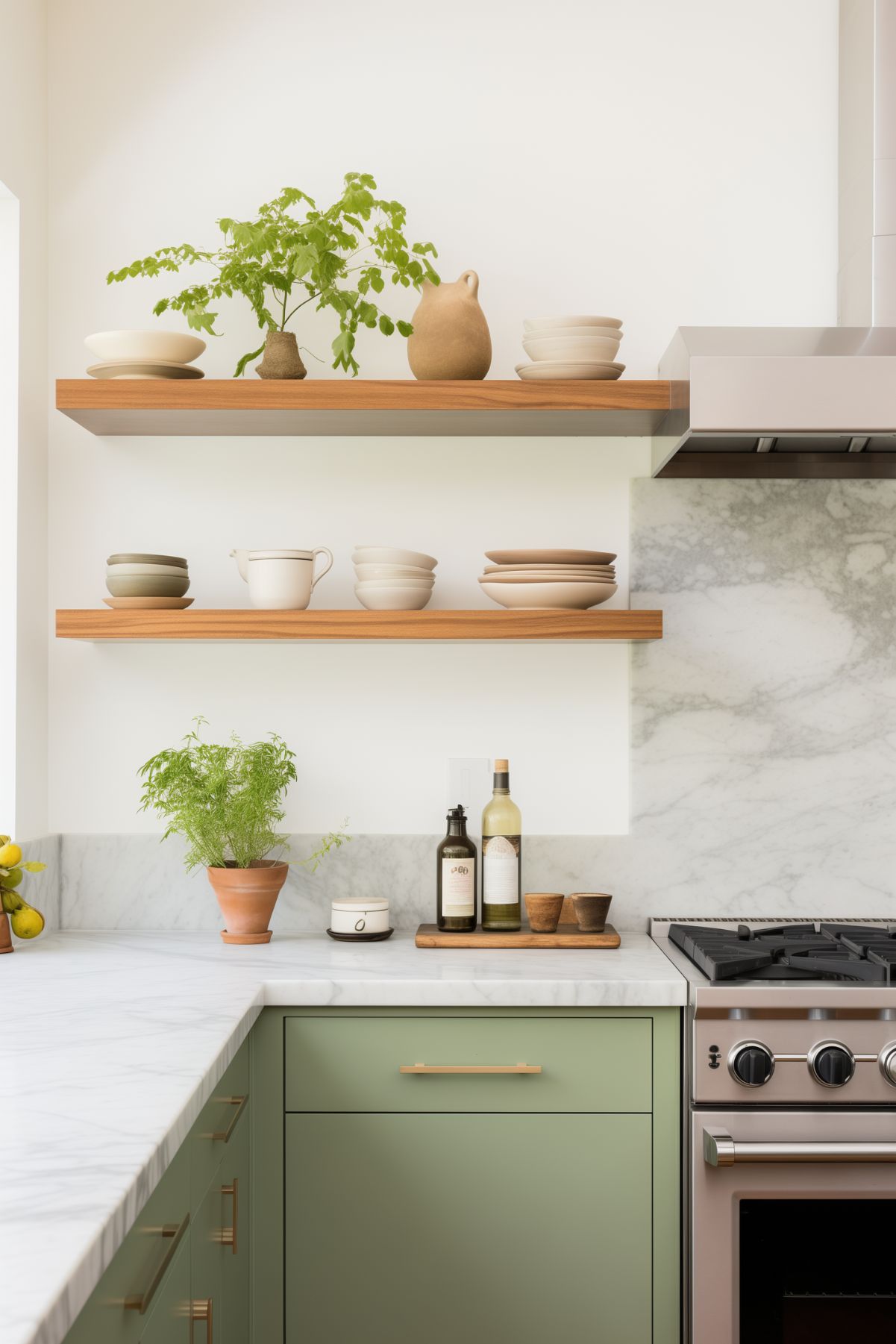 Modern kitchen with sage green cabinets, sleek brass handles, and white marble countertops. Wooden floating shelves display neutral-toned dishware and potted greenery, while a stainless steel stove sits beside a marble backsplash.