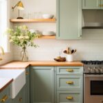 Charming kitchen with sage green cabinets, brass hardware, and butcher block countertops. Open wooden shelves display simple dishware, while a farmhouse sink and stainless steel stove add functionality. White subway tile backsplash and fresh greenery complete the cozy look.