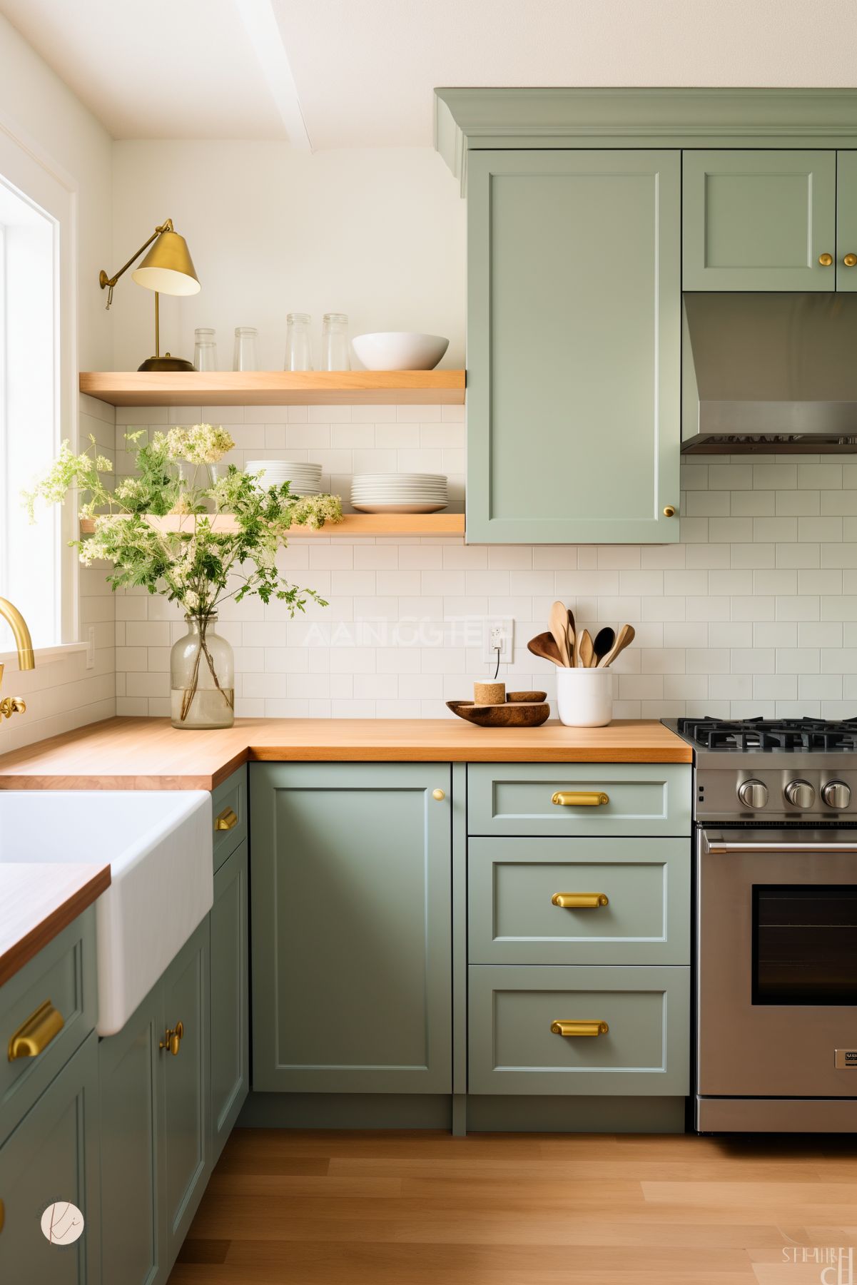 Charming kitchen with sage green cabinets, brass hardware, and butcher block countertops. Open wooden shelves display simple dishware, while a farmhouse sink and stainless steel stove add functionality. White subway tile backsplash and fresh greenery complete the cozy look.