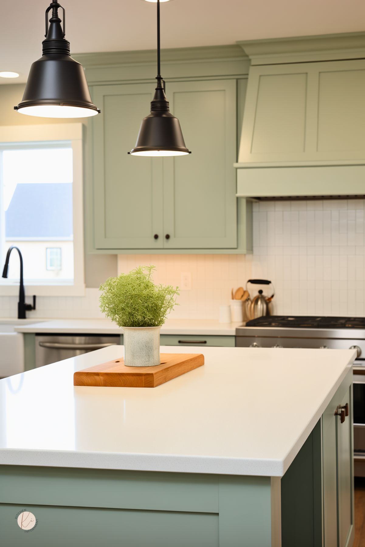 Modern kitchen with sage green cabinets, black hardware, and white countertops. Matte black pendant lights hang over the island, which features a small potted plant on a wooden tray. White subway tile backsplash and stainless steel appliances add a sleek touch.