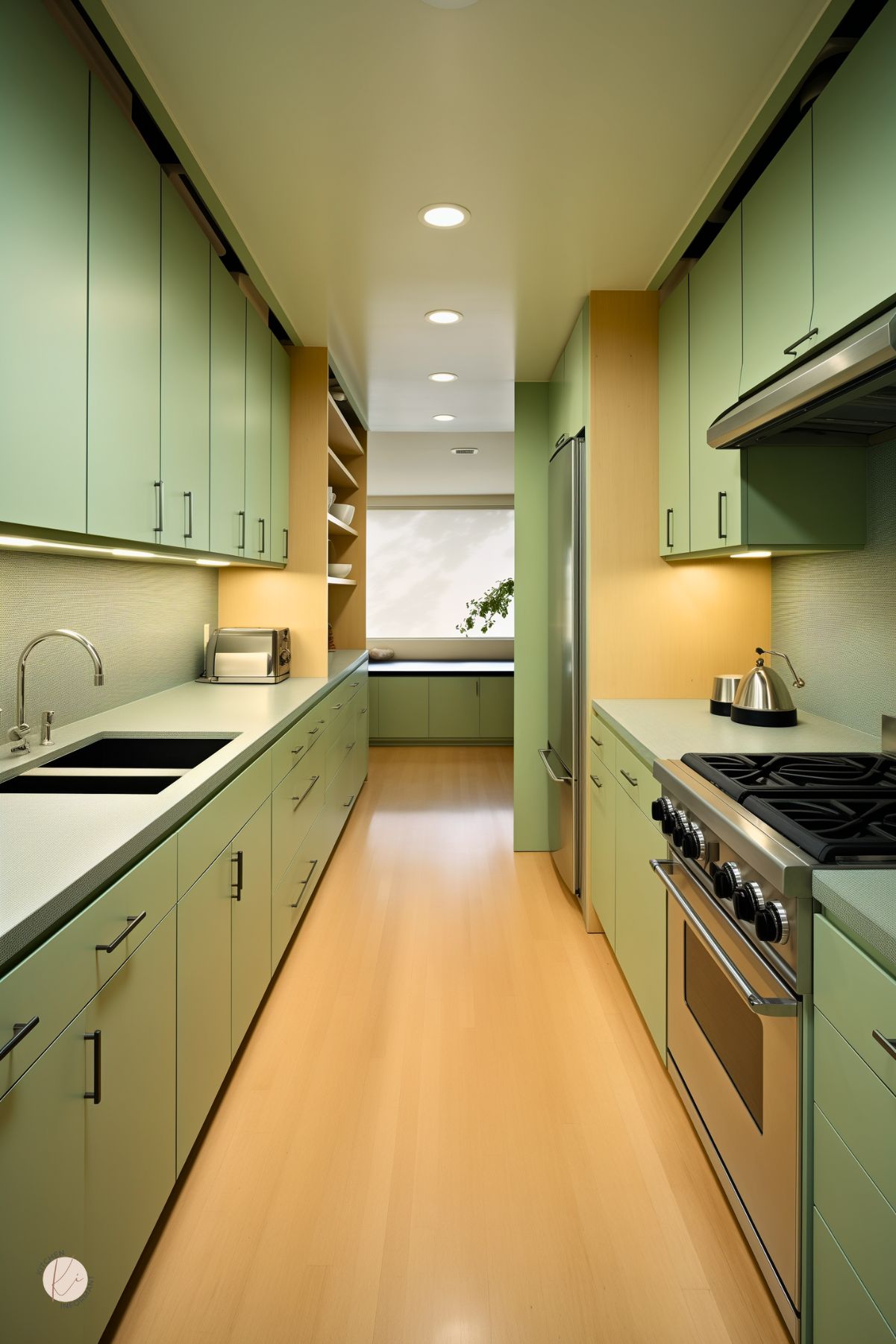 Modern galley kitchen with sleek sage green cabinets, black hardware, and light wood flooring. Stainless steel appliances and minimalist open shelving create a clean, streamlined look, complemented by under-cabinet lighting.