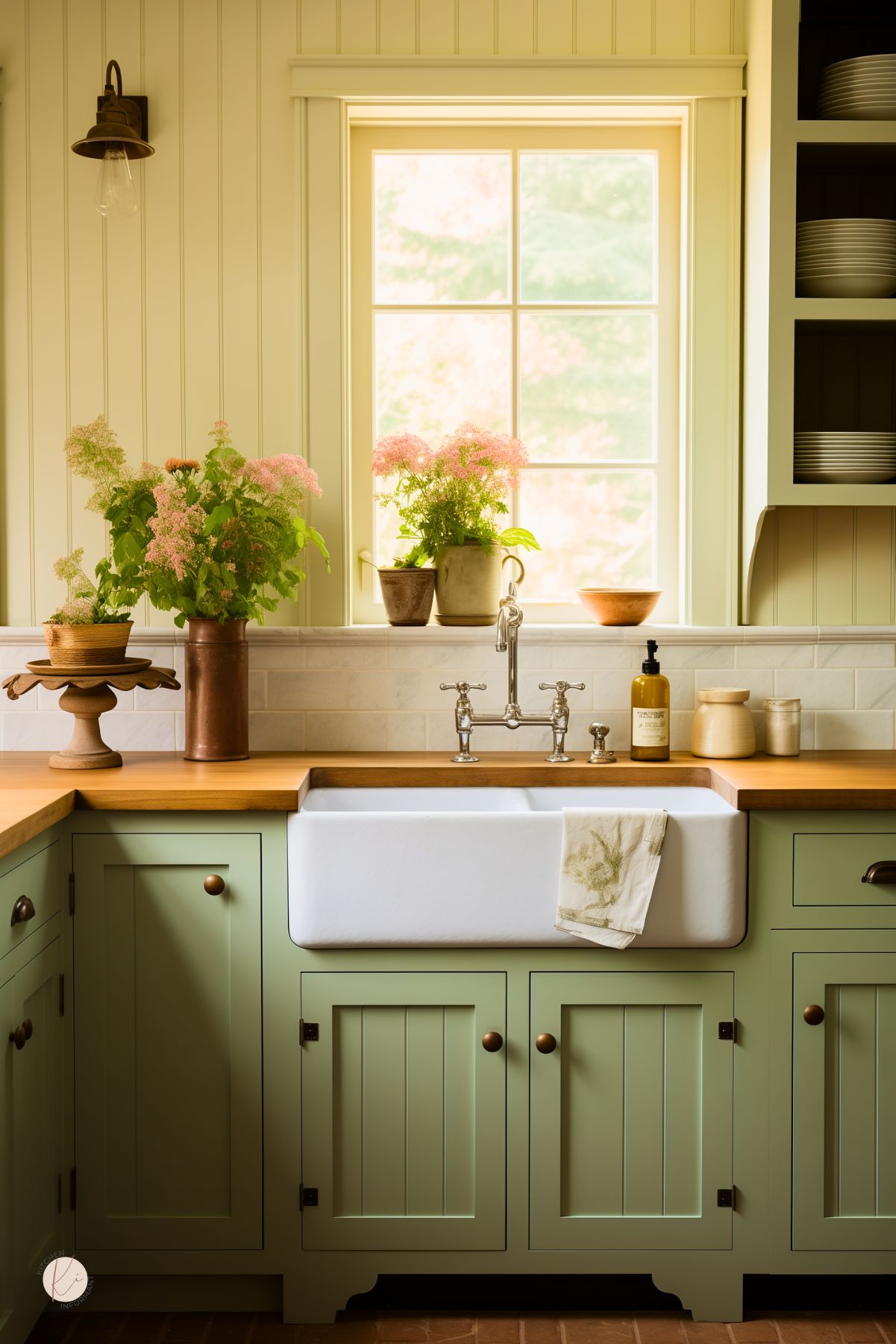 Cozy farmhouse kitchen with sage green cabinets, wooden countertops, and a white farmhouse sink. Vintage-style brass hardware complements the beadboard walls, while potted flowers and rustic decor add a fresh, charming touch.