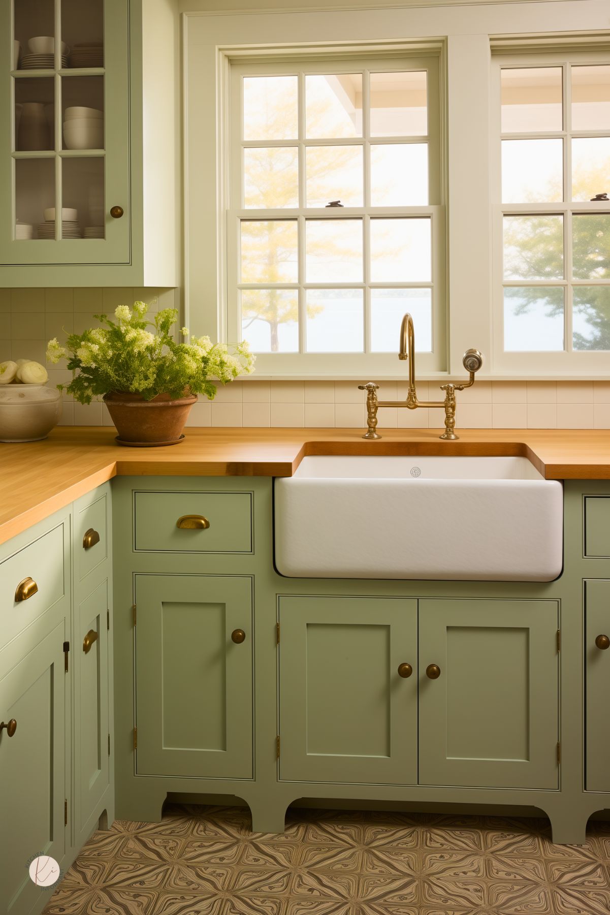 Charming kitchen with sage green cabinets, brass hardware, and warm wooden countertops. A farmhouse sink with a vintage-style brass faucet sits beneath large windows, while patterned tile flooring and potted greenery add a cozy touch.