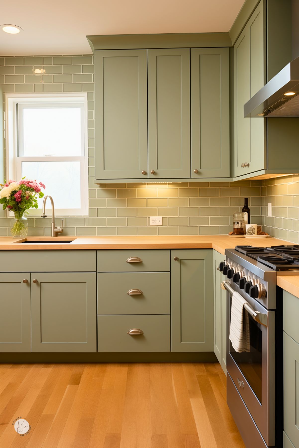 Modern kitchen with sage green cabinets, brushed nickel hardware, and wooden countertops. A matching sage green subway tile backsplash adds a cohesive look, while under-cabinet lighting highlights the sleek design. A stainless steel stove and fresh flowers add warmth and charm.