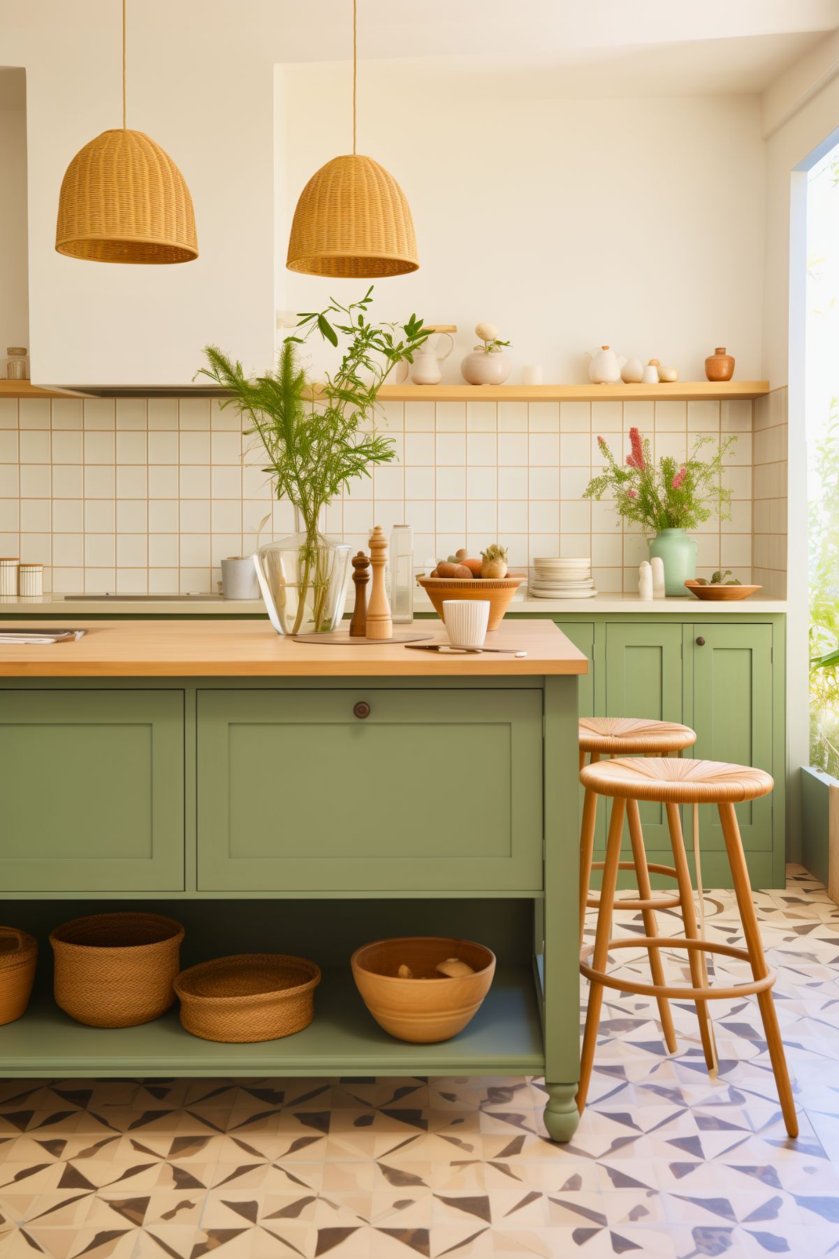 Bright, airy kitchen with sage green cabinets, wooden countertops, and woven pendant lights. Open shelving displays simple ceramics, while potted greenery adds a fresh touch. Patterned tile flooring and wooden stools complete the cozy, natural look.