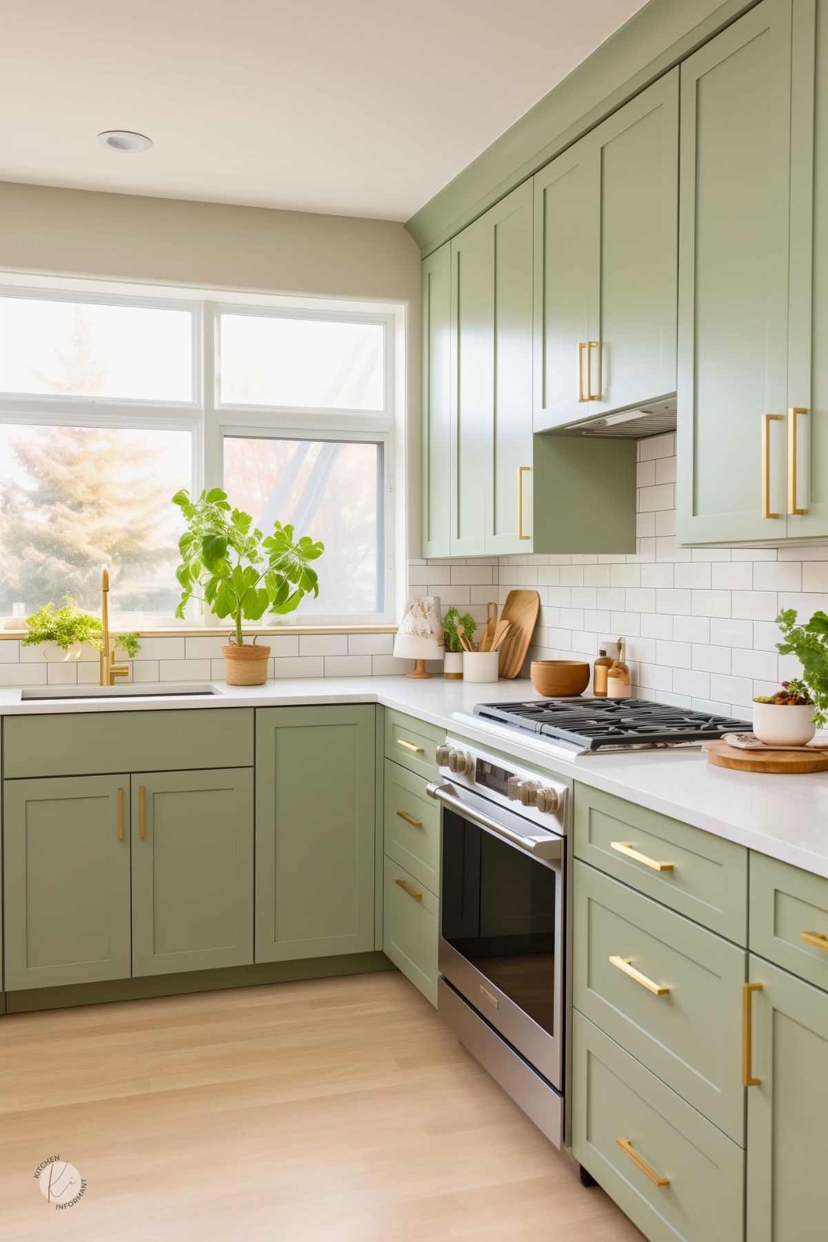 Bright kitchen with sage green cabinets, gold hardware, and white countertops. A white subway tile backsplash adds a clean look, while large windows bring in natural light. Potted greenery and wooden accents add warmth to the space.