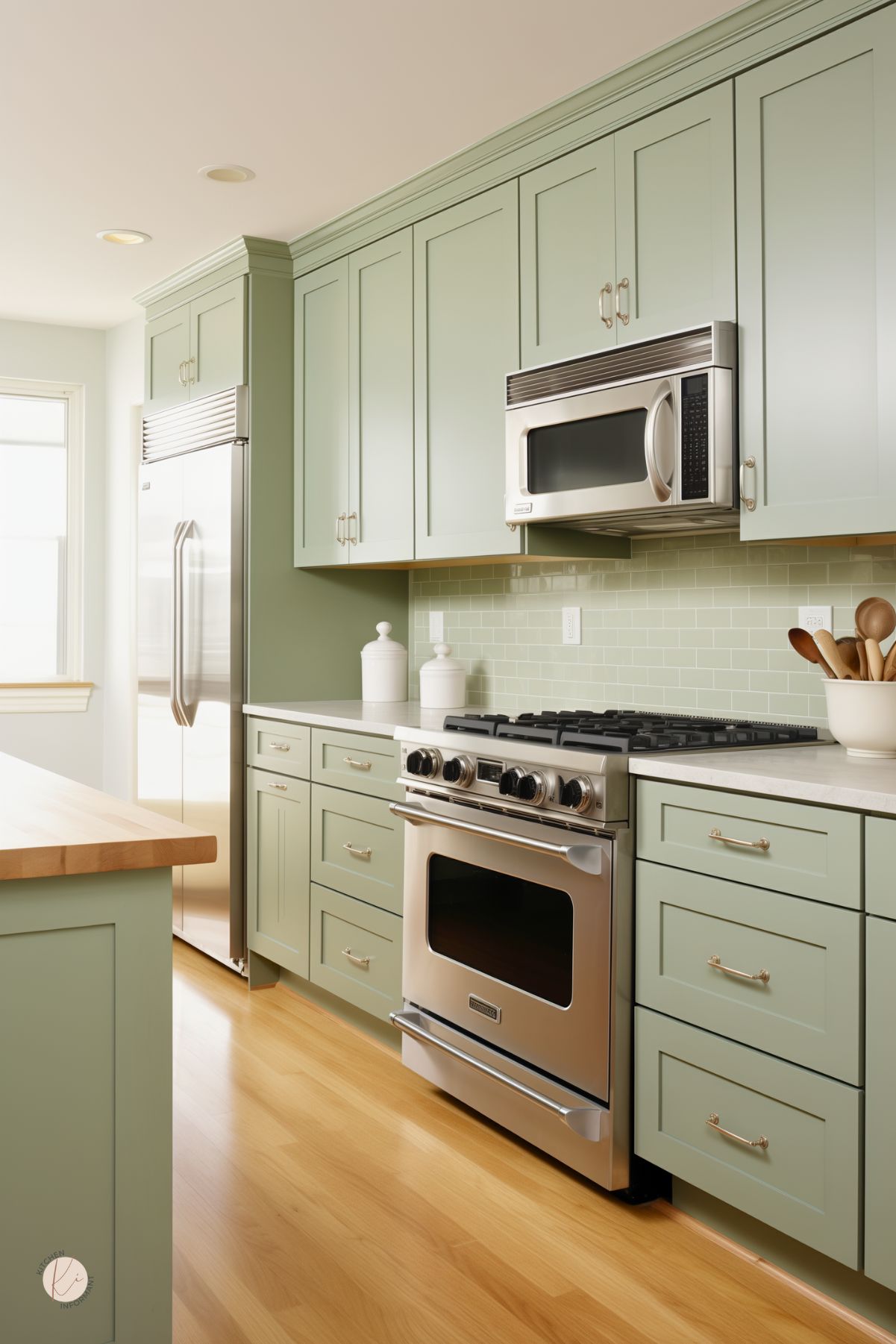 Modern kitchen with sage green cabinets, stainless steel appliances, and sleek silver hardware. Light wood flooring and white countertops create a bright, airy feel, complemented by a glossy sage green subway tile backsplash.