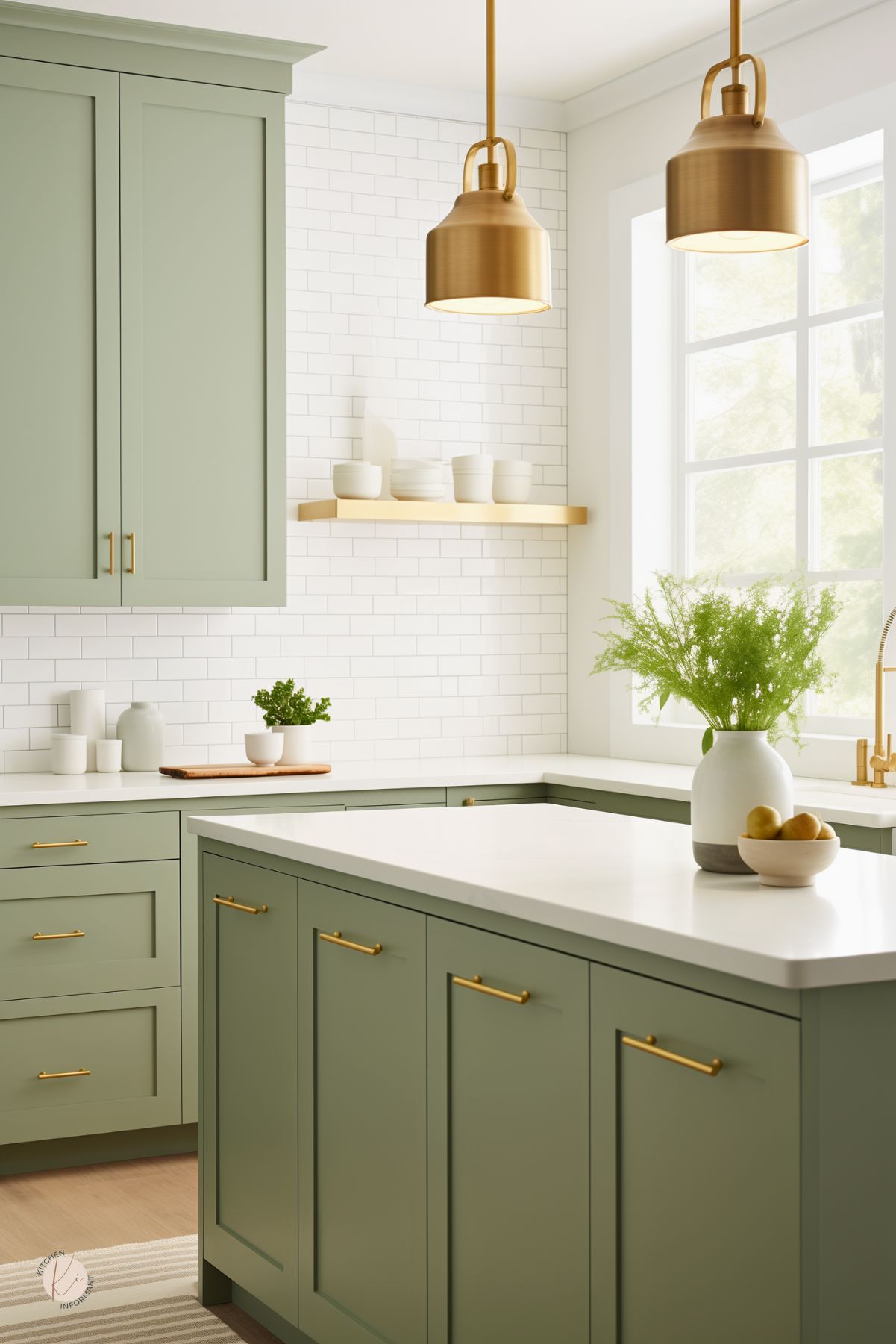 Modern kitchen with sage green cabinets, brass hardware, and white countertops. White subway tile backsplash, brass pendant lights, and minimal decor with potted greenery create a fresh, bright look.