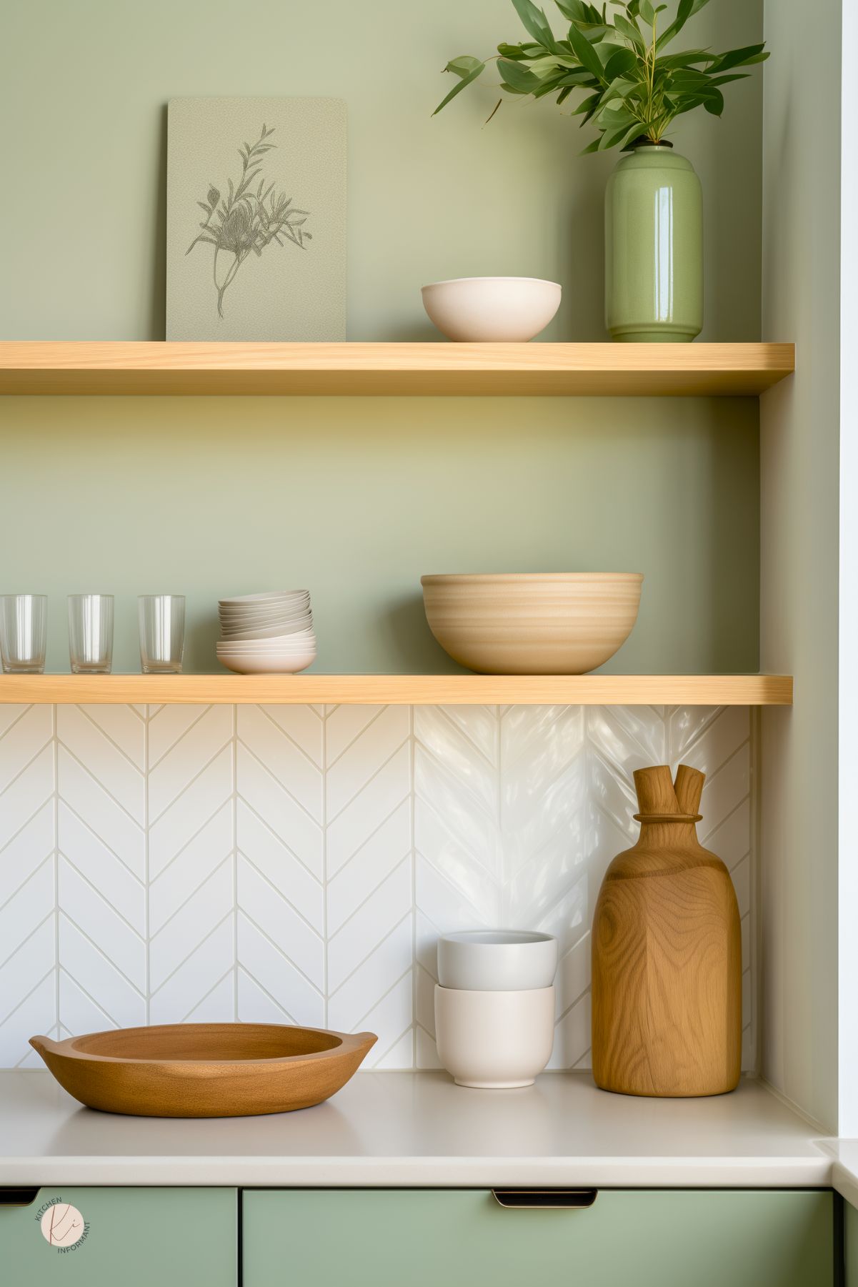 Minimalist kitchen with sage green cabinets, light wooden open shelves, and white countertops. A white herringbone tile backsplash adds texture, while simple ceramic bowls, glassware, and wooden decor pieces enhance the clean, natural aesthetic.