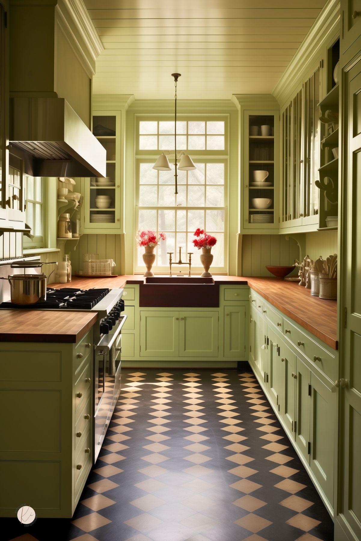 Charming galley kitchen with sage green cabinets, glass-front uppers, and butcher block countertops. A farmhouse sink sits beneath large windows, flanked by vases of red flowers. The black and tan diamond-patterned floor adds a bold, vintage touch.