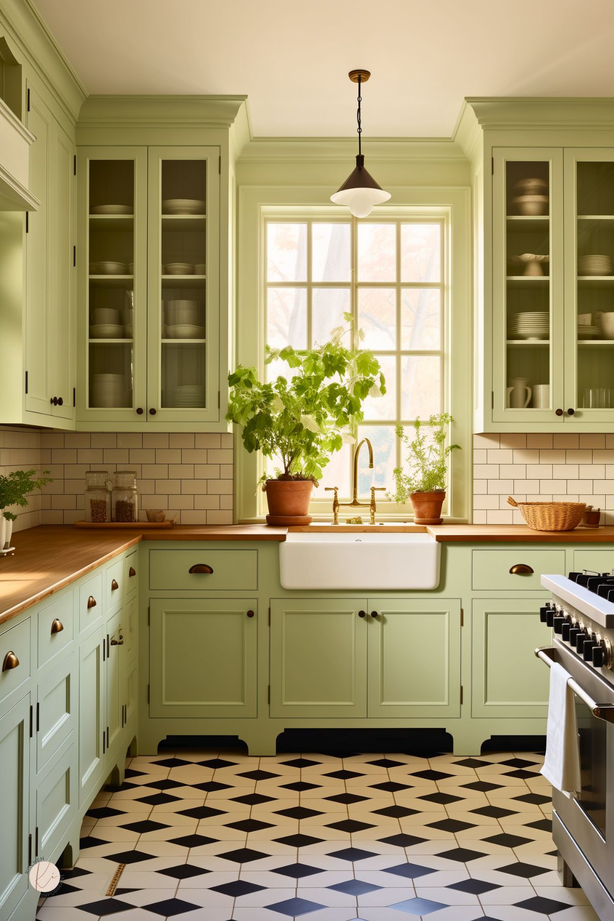 Cozy kitchen with sage green cabinets, brass hardware, and wooden countertops. A farmhouse sink sits beneath a large window framed by glass-front cabinets. White subway tile backsplash and black-and-white patterned floor tiles add a vintage touch, with potted greenery for freshness.