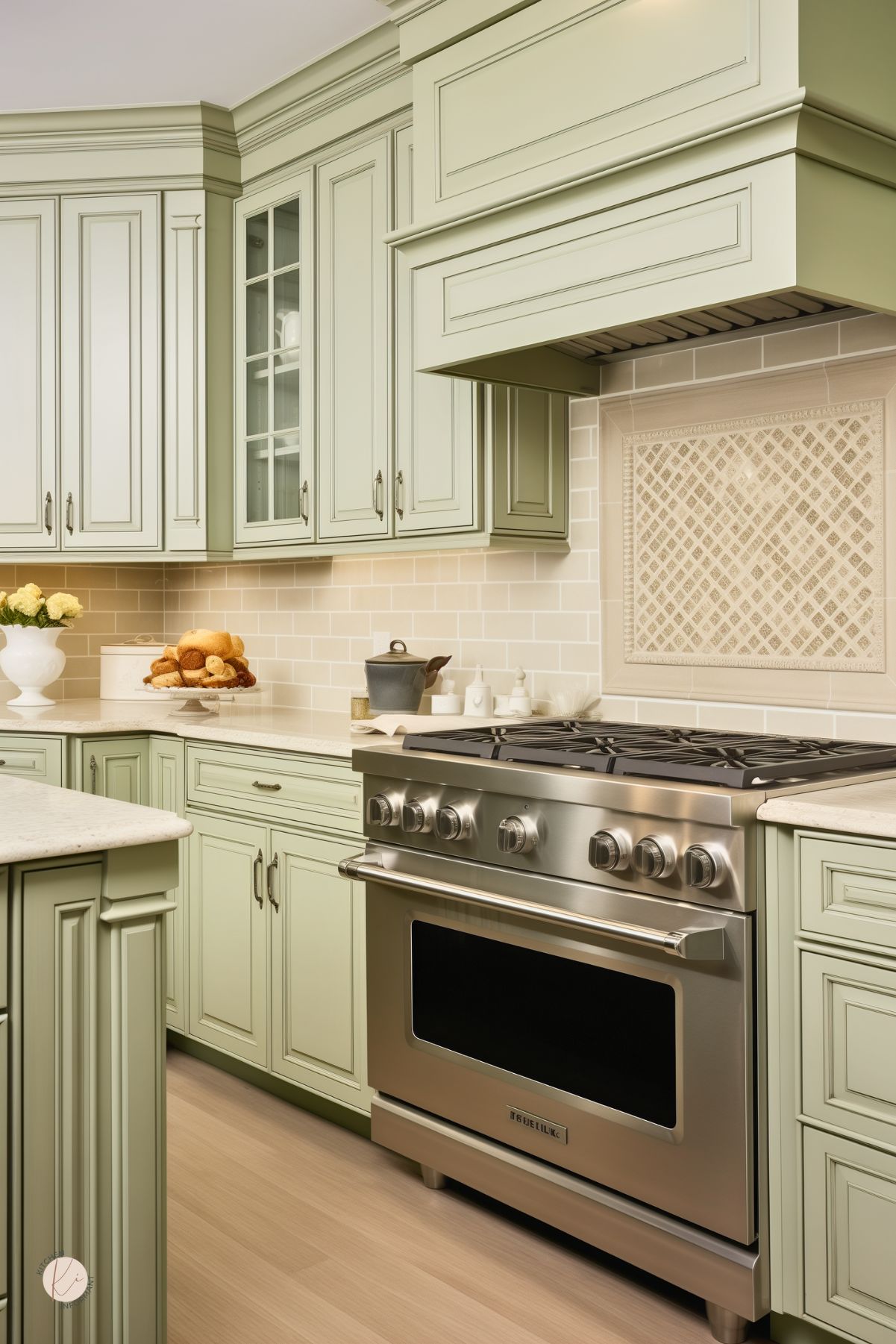 Traditional kitchen with sage green cabinets, detailed molding, and brushed nickel hardware. Cream subway tile backsplash with an intricate tile design above the stainless steel stove adds elegance, complemented by light quartz countertops and soft wood flooring.