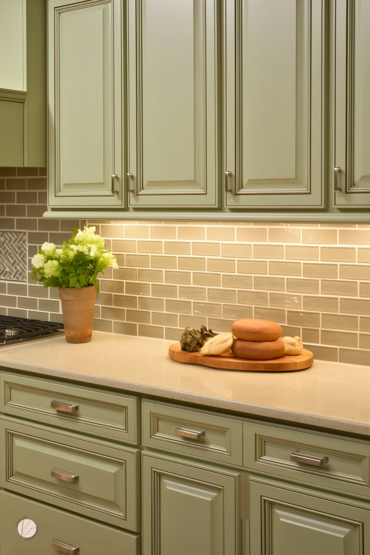 Traditional kitchen with sage green cabinets featuring detailed molding and brushed nickel hardware. The light beige countertops are complemented by a glossy subway tile backsplash with a decorative tile accent. Under-cabinet lighting adds warmth, highlighting fresh flowers and a wooden tray with bread.