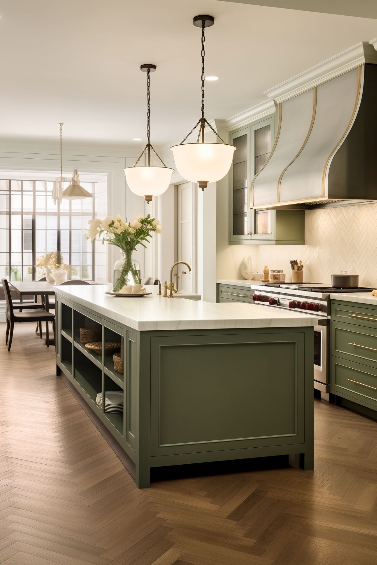 Sophisticated kitchen with sage green cabinets, gold hardware, and a large marble island with open shelving. Elegant pendant lights hang above, complemented by a stylish range hood with gold accents and a herringbone backsplash.