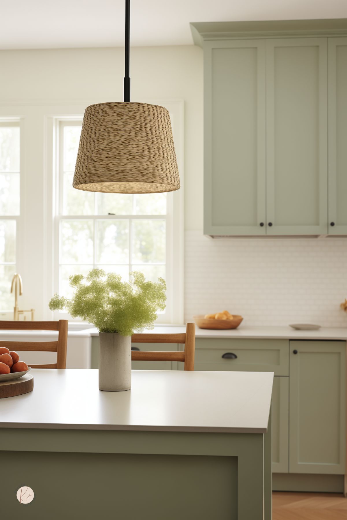 Bright kitchen with sage green cabinets, matte black hardware, and white countertops. A woven pendant light hangs above the island, which features a vase of fresh greenery. Wooden chairs and natural accents add warmth to the minimalist design.