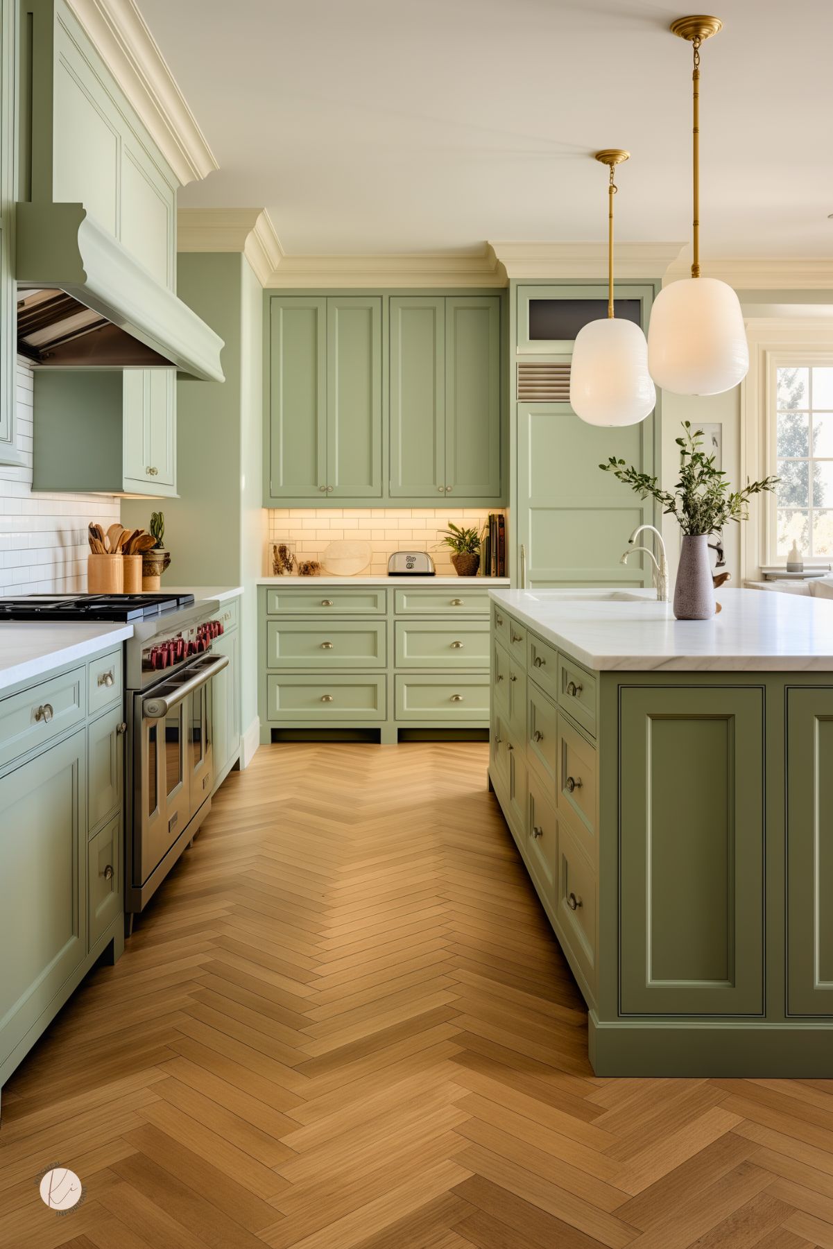 Bright kitchen with sage green cabinets, silver hardware, and white countertops. Large pendant lights hang over the island, while a herringbone wood floor adds warmth. Subway tile backsplash and potted greenery complete the fresh look.