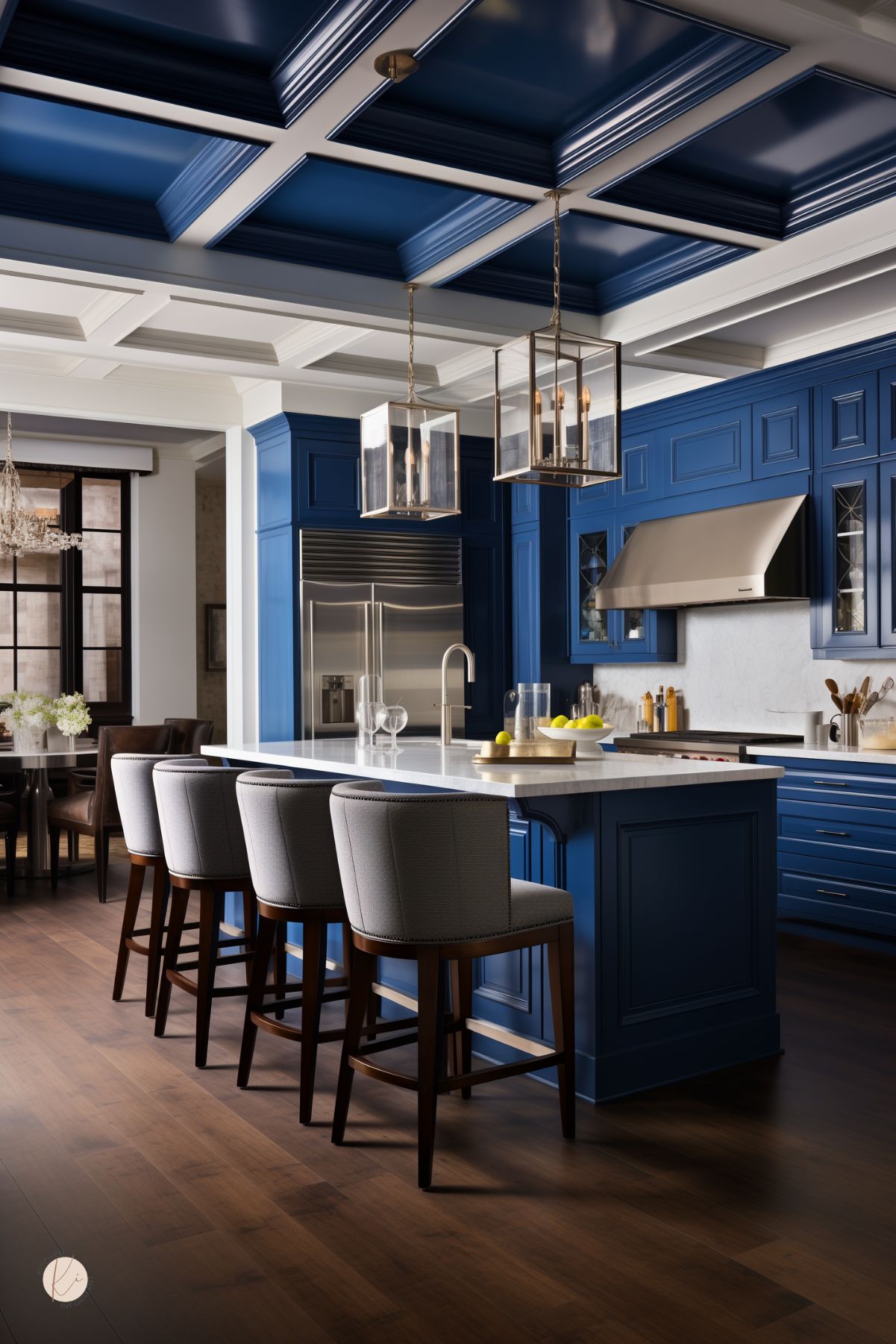 A sophisticated kitchen with sapphire blue cabinetry, a coffered ceiling, and a large marble island. Stainless steel appliances, elegant pendant lights, and upholstered barstools add a refined touch, while dark wood flooring enhances the rich design.