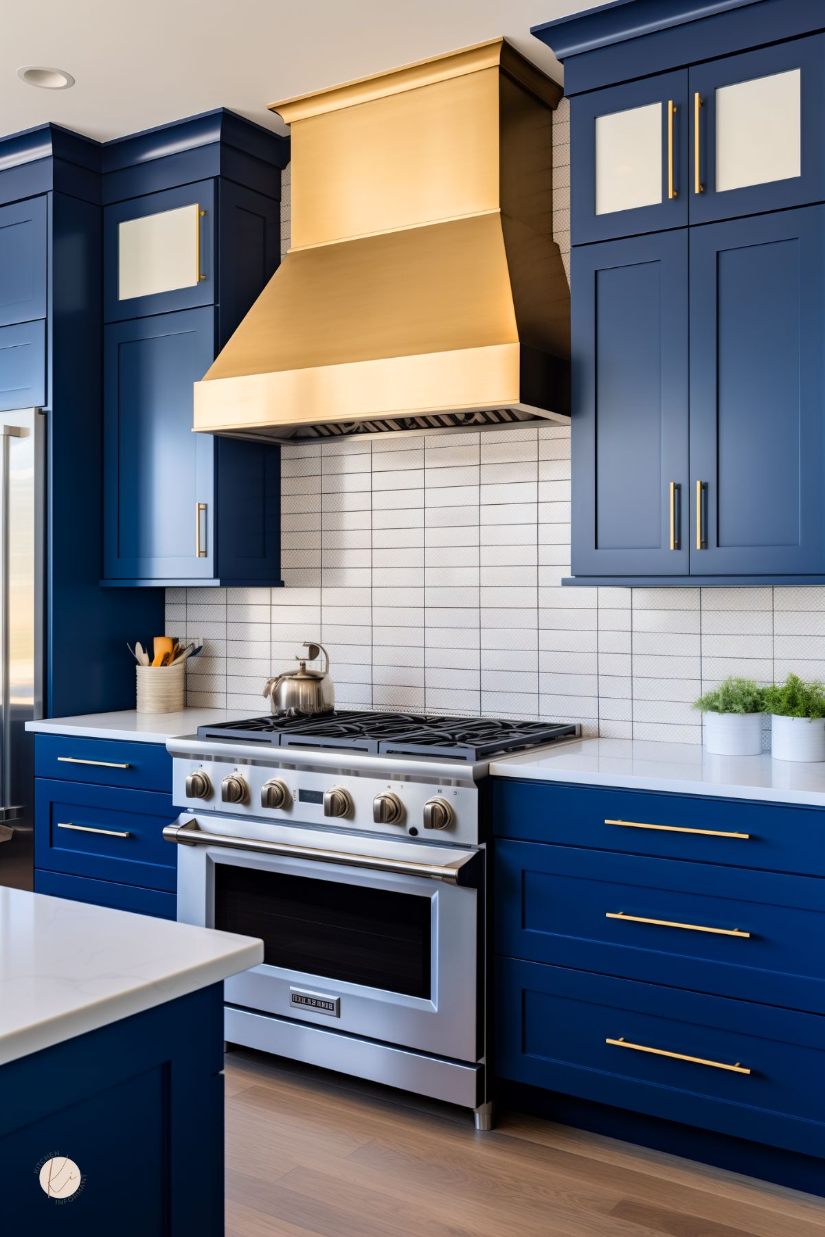 A sleek kitchen with sapphire blue cabinetry, gold hardware, and a bold gold range hood. A white tile backsplash and stainless steel appliances add a modern touch, while white countertops and warm wood flooring complete the look.