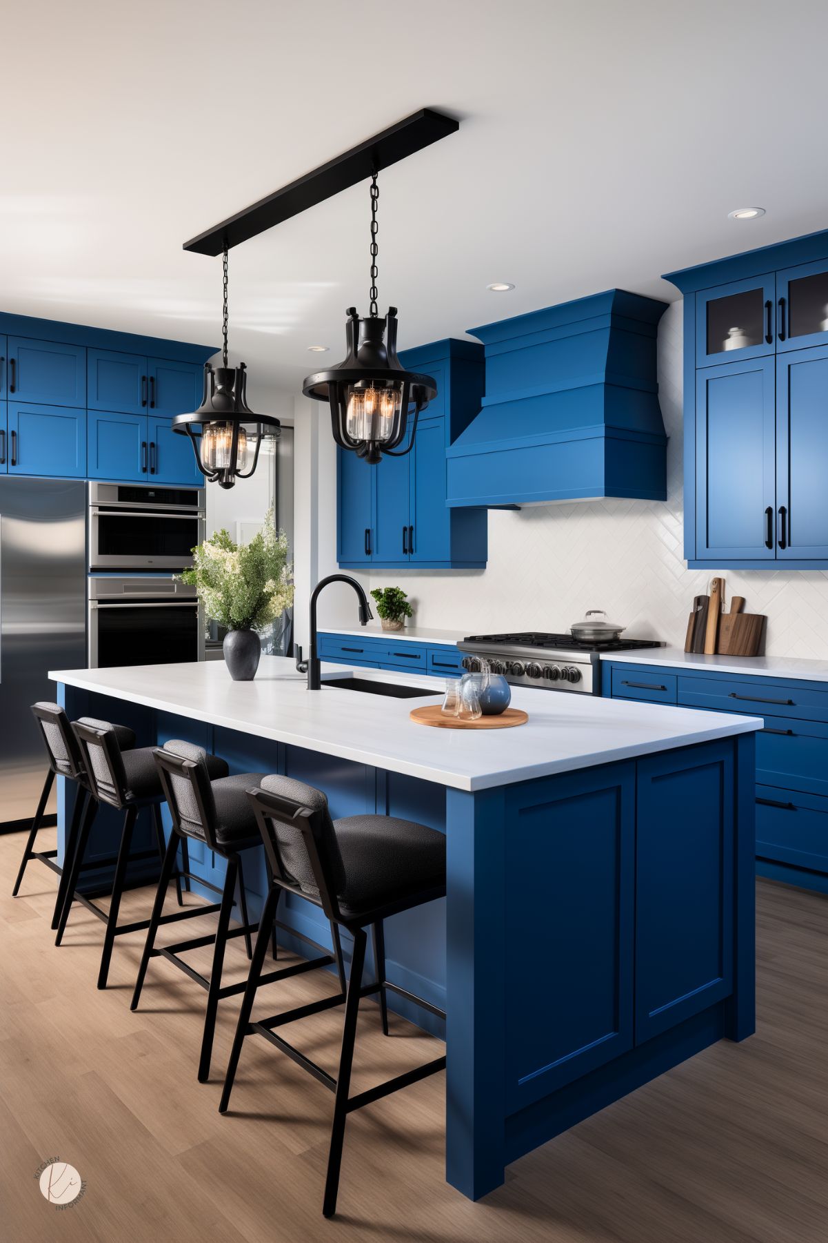 A modern kitchen with sapphire blue cabinetry, black hardware, and a matching blue range hood. A white quartz island with black barstools adds contrast, while industrial pendant lights and stainless steel appliances complete the sleek design.