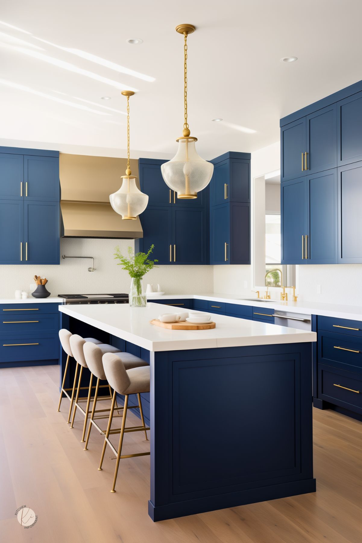 A bright kitchen with sapphire blue cabinetry, gold hardware, and a white quartz island. Beige upholstered barstools and glass pendant lights with gold accents add warmth, while a gold range hood and fixtures complete the elegant design.