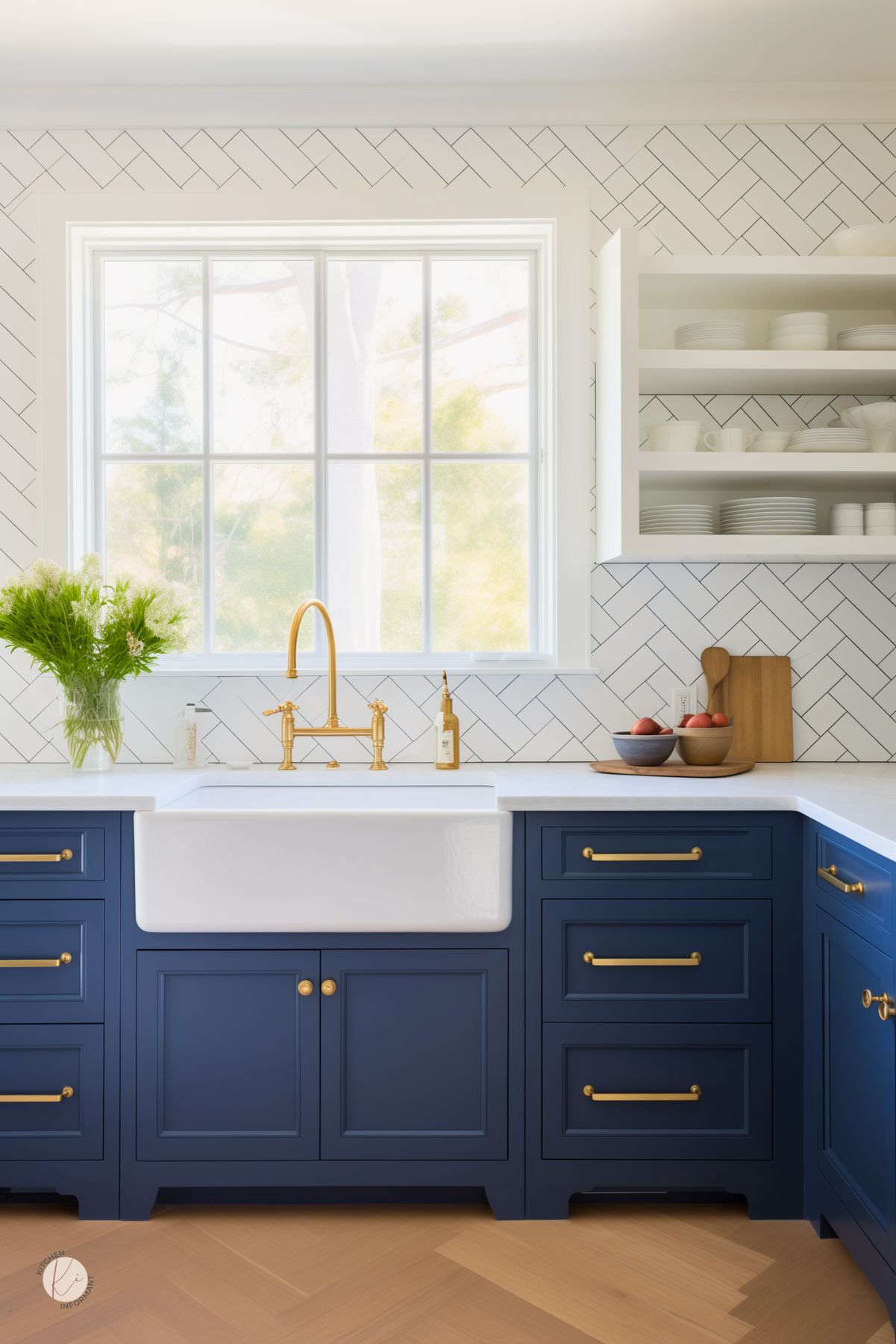 A bright kitchen with sapphire blue cabinetry, gold hardware, and a white farmhouse sink. A herringbone tile backsplash and open shelving add charm, while natural light from a large window enhances the airy feel.