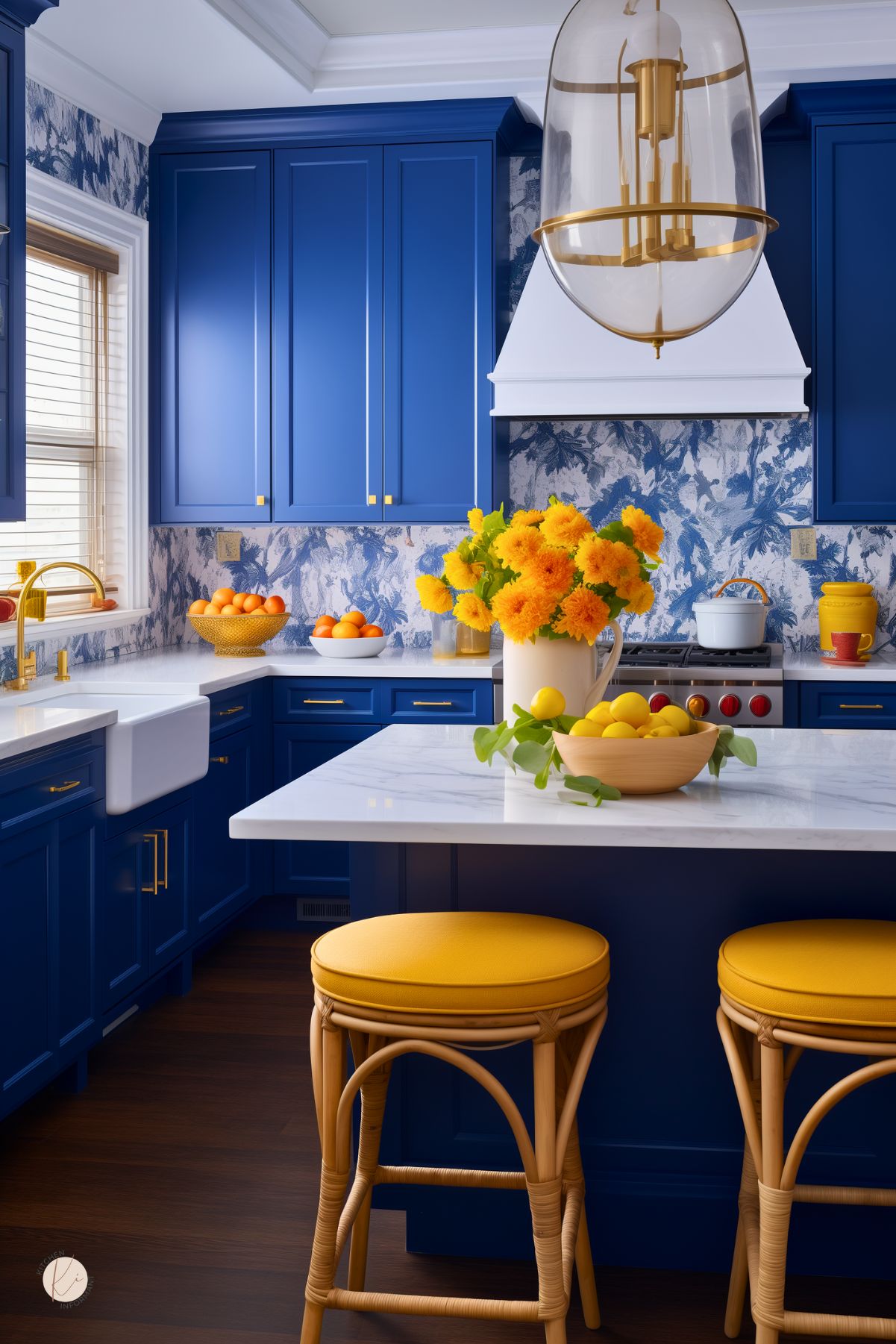 A vibrant kitchen with sapphire blue cabinetry, gold hardware, and a white marble island. Blue and white patterned wallpaper adds charm, while yellow barstools and fresh citrus accents bring warmth. A white range hood and farmhouse sink complete the bright, cheerful design.