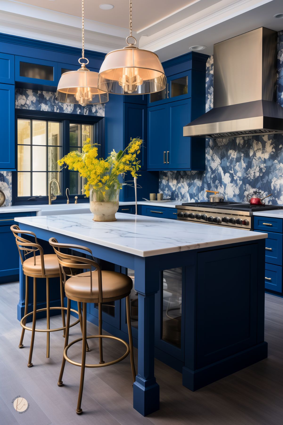 A bold kitchen with sapphire blue cabinetry, a marble island, and gold accents. A metallic range hood and blue patterned wallpaper add drama, while glass pendant lights and gold barstools enhance the elegant design.