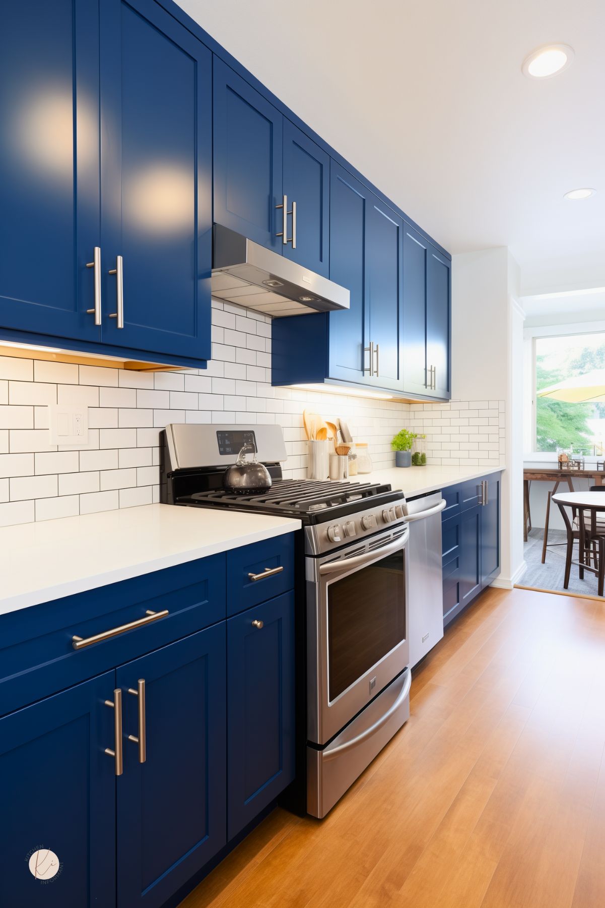 A sleek galley kitchen with sapphire blue cabinetry, stainless steel hardware, and white quartz countertops. A subway tile backsplash adds contrast, while warm wood flooring and natural light create an inviting space.