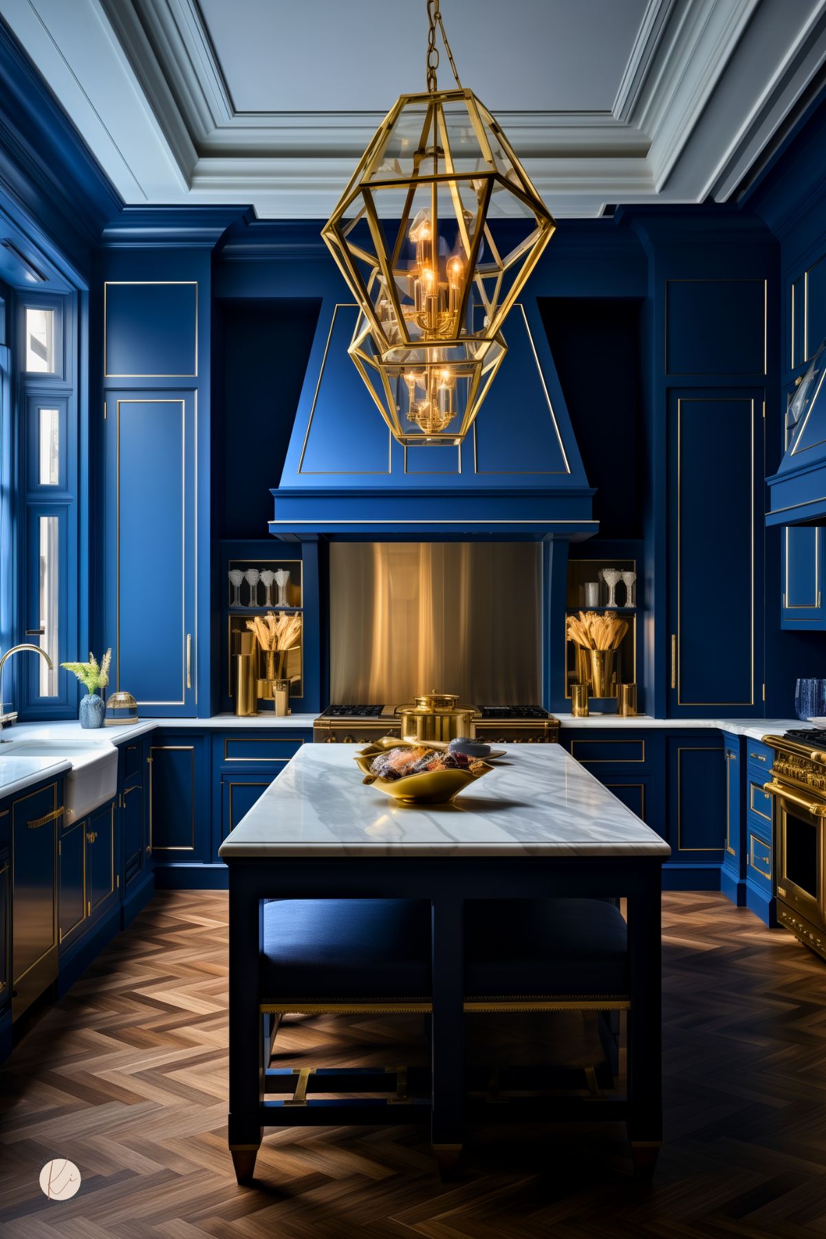 A dramatic kitchen with sapphire blue cabinetry, gold trim, and a matching blue range hood. A marble island with deep blue seating sits beneath a geometric gold chandelier, while gold fixtures and accents add luxury. Herringbone wood flooring completes the elegant design.