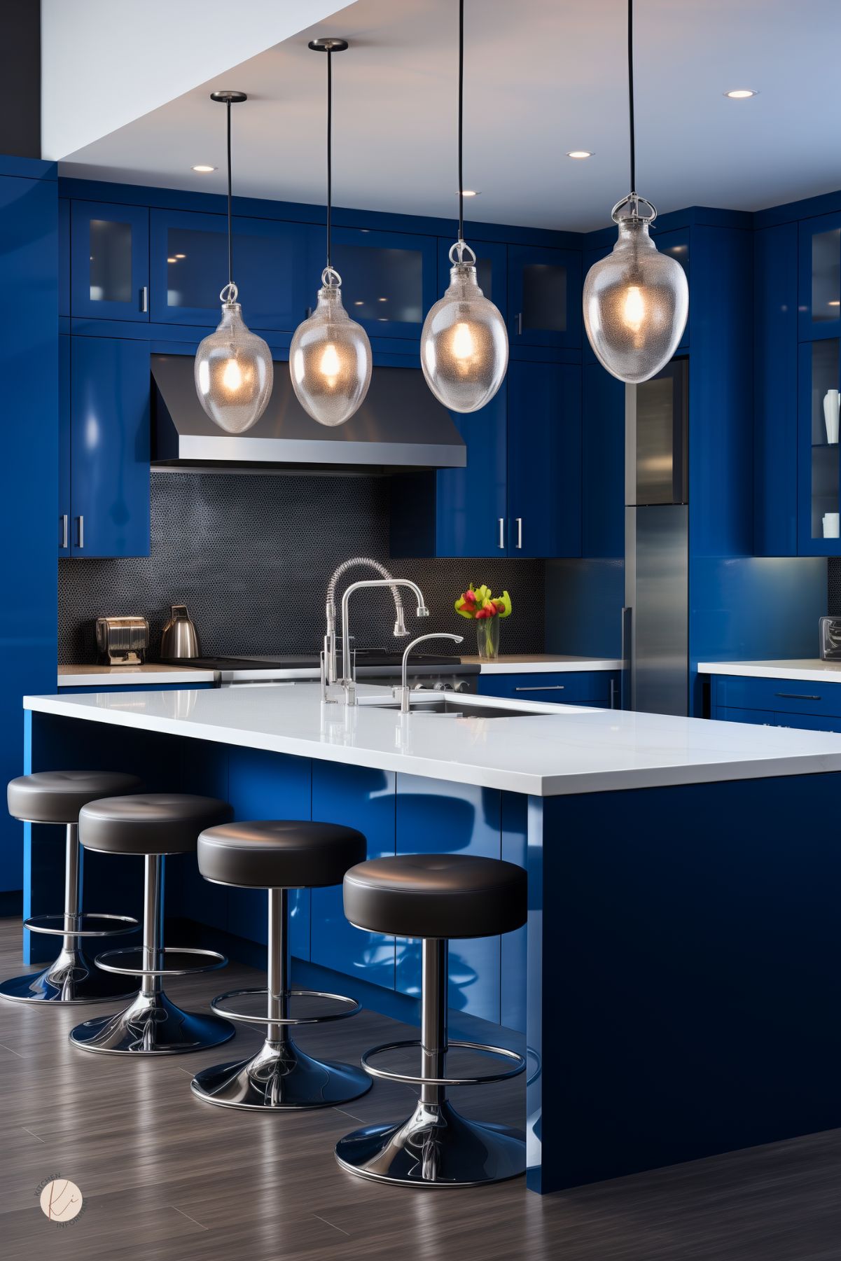 A modern kitchen with glossy sapphire blue cabinetry, a white waterfall island, and sleek black accents. Glass pendant lights and chrome barstools add a contemporary touch, while a dark backsplash and stainless steel appliances complete the bold design.