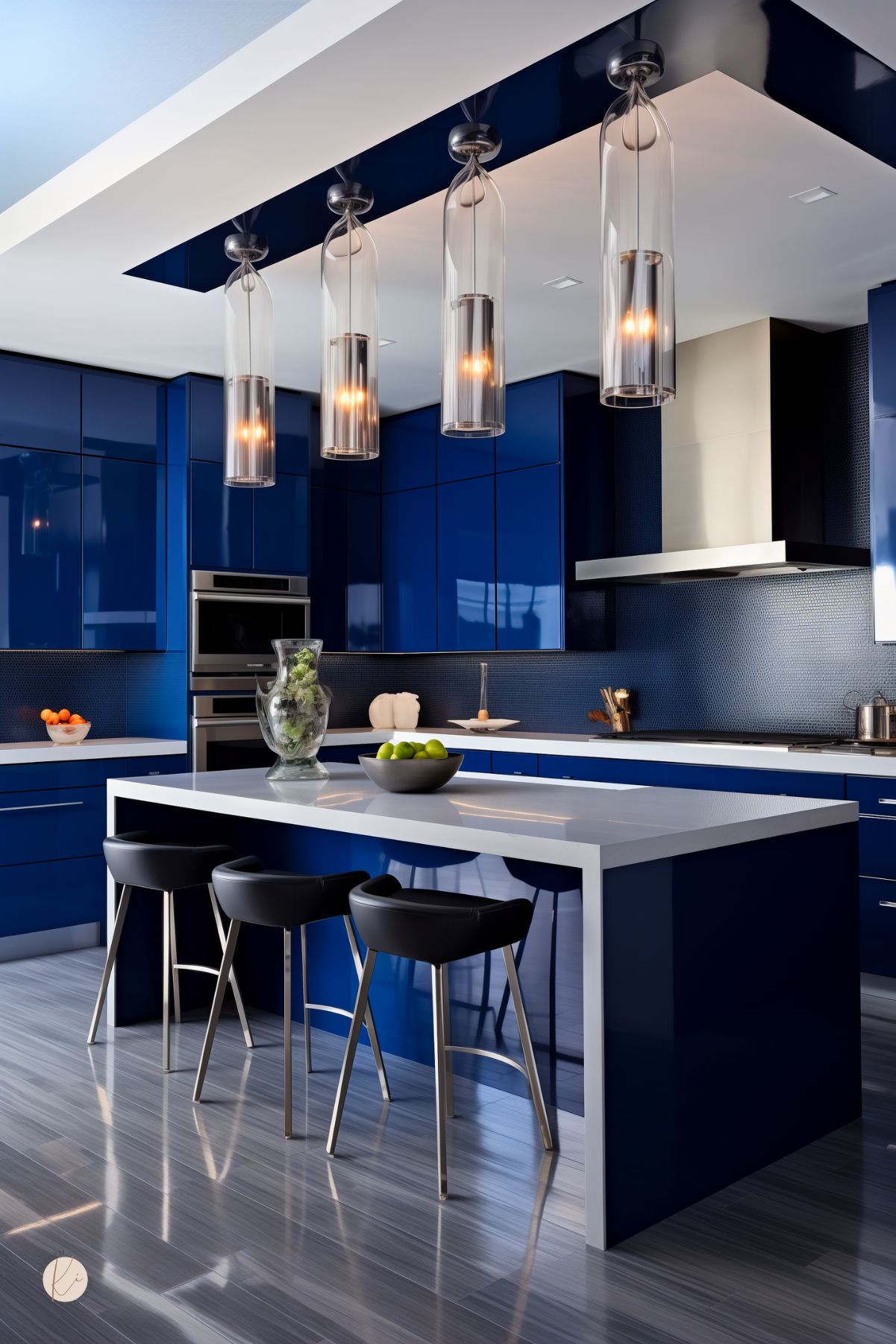 A sleek modern kitchen with glossy sapphire blue cabinetry, a white waterfall island, and black barstools. Tall glass pendant lights and a metallic range hood add sophistication, while a dark backsplash enhances the bold design.