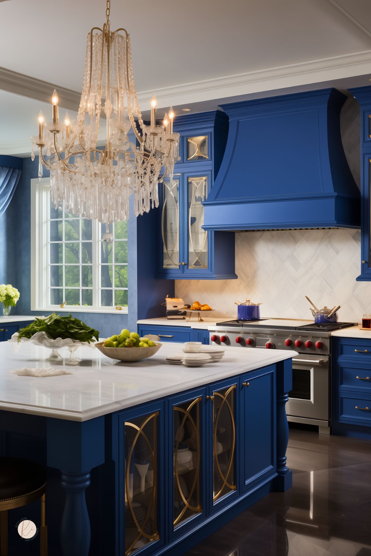 A luxurious kitchen with sapphire blue cabinetry, gold accents, and a large marble island. A crystal chandelier adds elegance, while glass-paneled cabinets and a bold blue range hood enhance the sophisticated design.