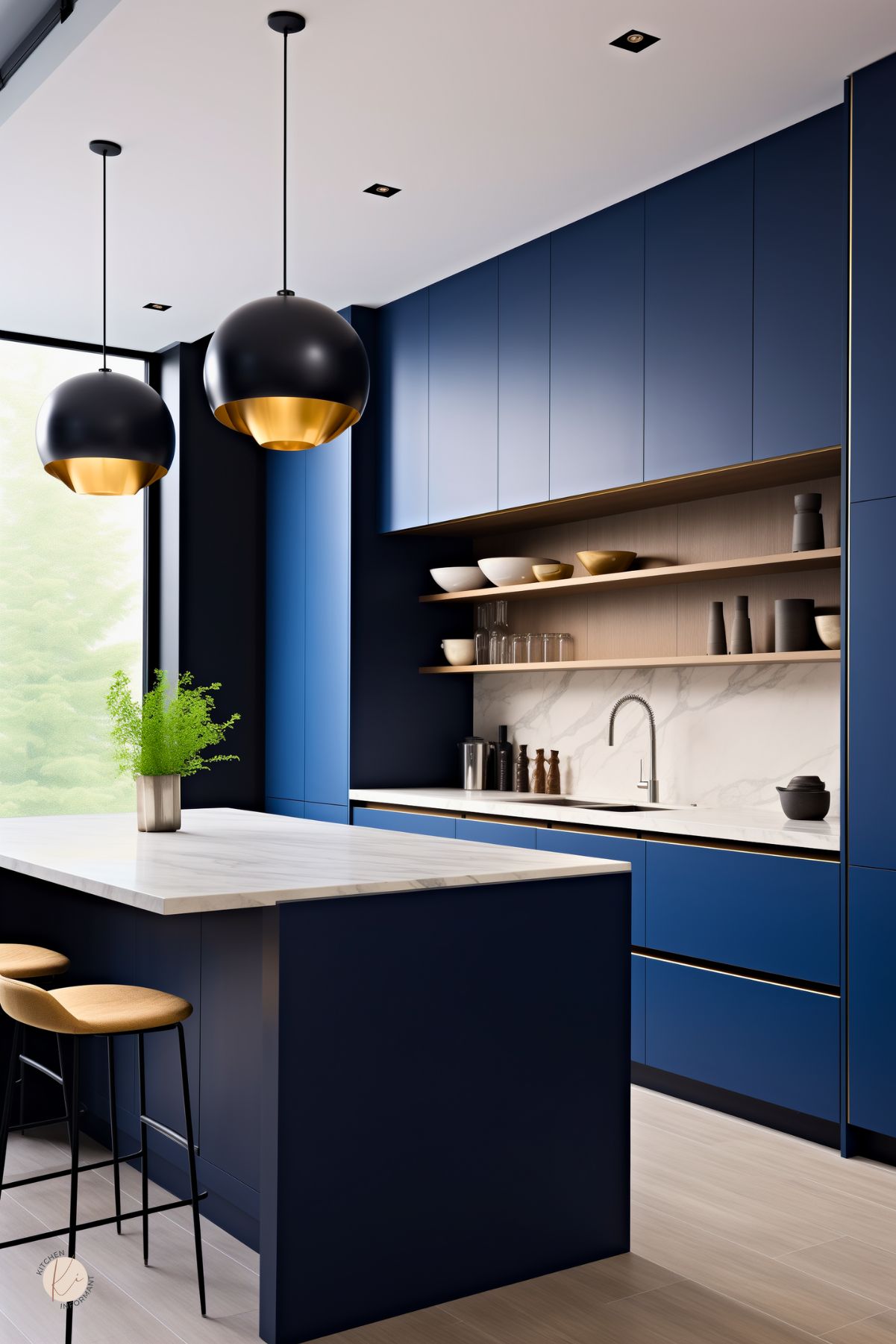 A modern kitchen with sleek sapphire blue cabinets, a white marble countertop island, and open wood shelving. Black and gold pendant lights add contrast, while a large window brings in natural light.