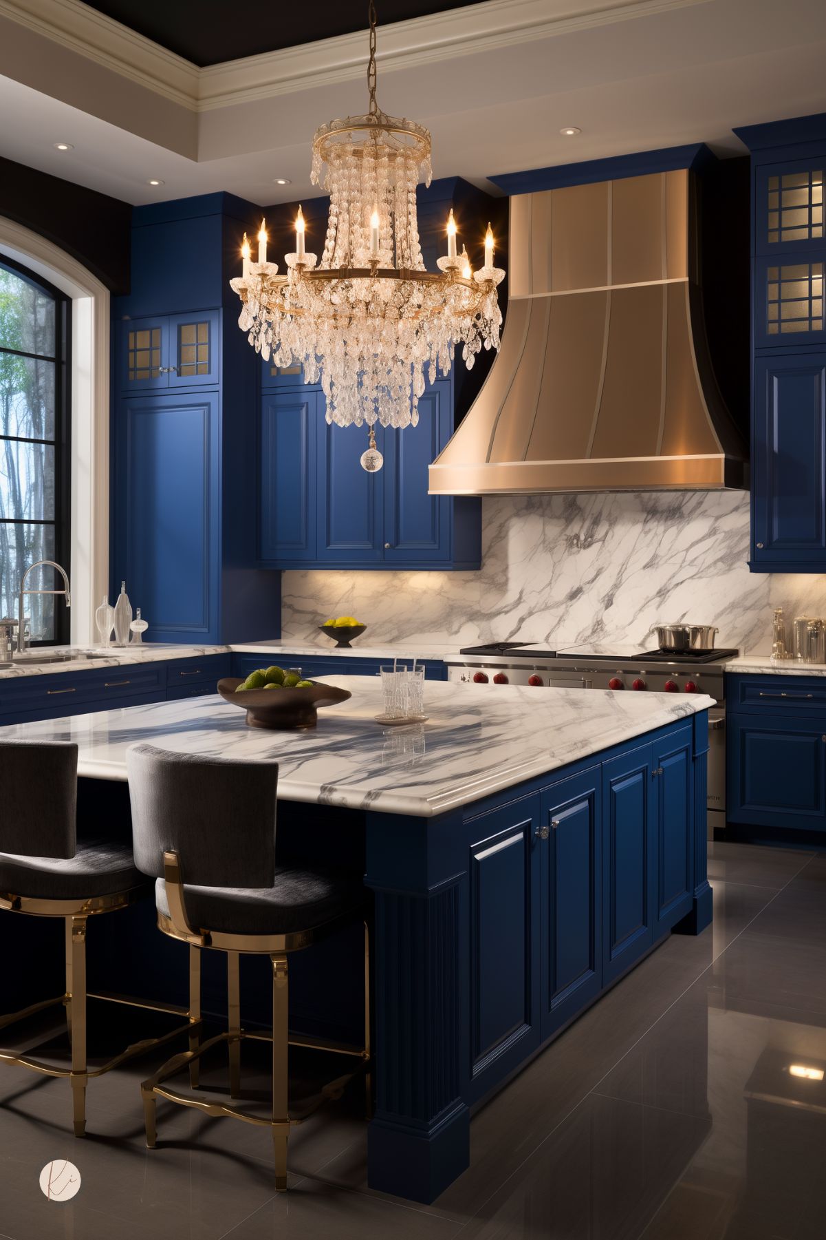 A luxurious kitchen with sapphire blue cabinetry, a large marble island, and a striking gold range hood. A crystal chandelier adds elegance, while gold-accented barstools and a marble backsplash complete the sophisticated design.