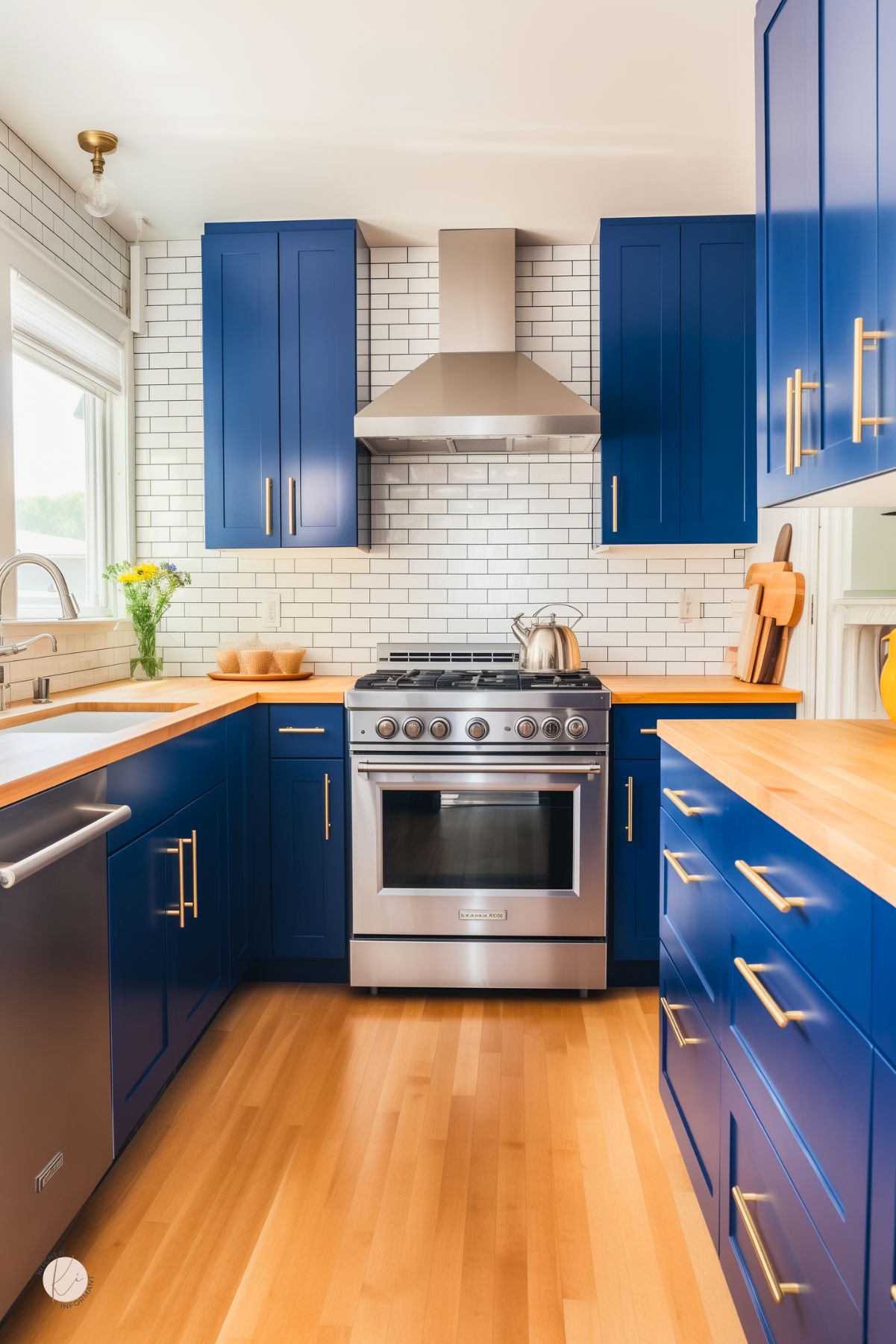 A cozy kitchen with sapphire blue cabinetry, gold hardware, and warm butcher block countertops. White subway tile backsplash and stainless steel appliances add a modern touch, while natural light brightens the space.