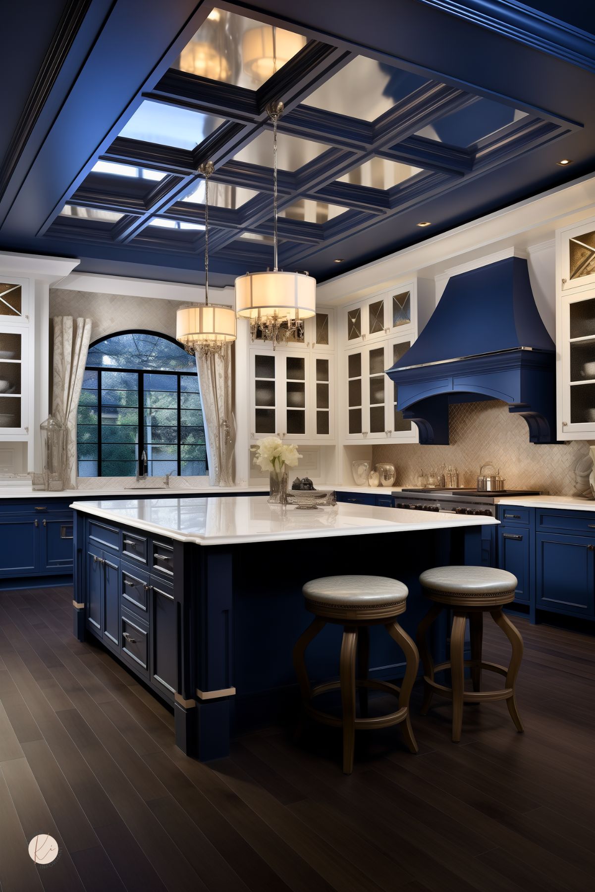 A luxurious kitchen with sapphire blue cabinetry, a large white island, and a matching blue range hood. White glass-front cabinets contrast with dark wood flooring, while a coffered ceiling with reflective panels adds elegance. Chandeliers and an arched window complete the sophisticated look.