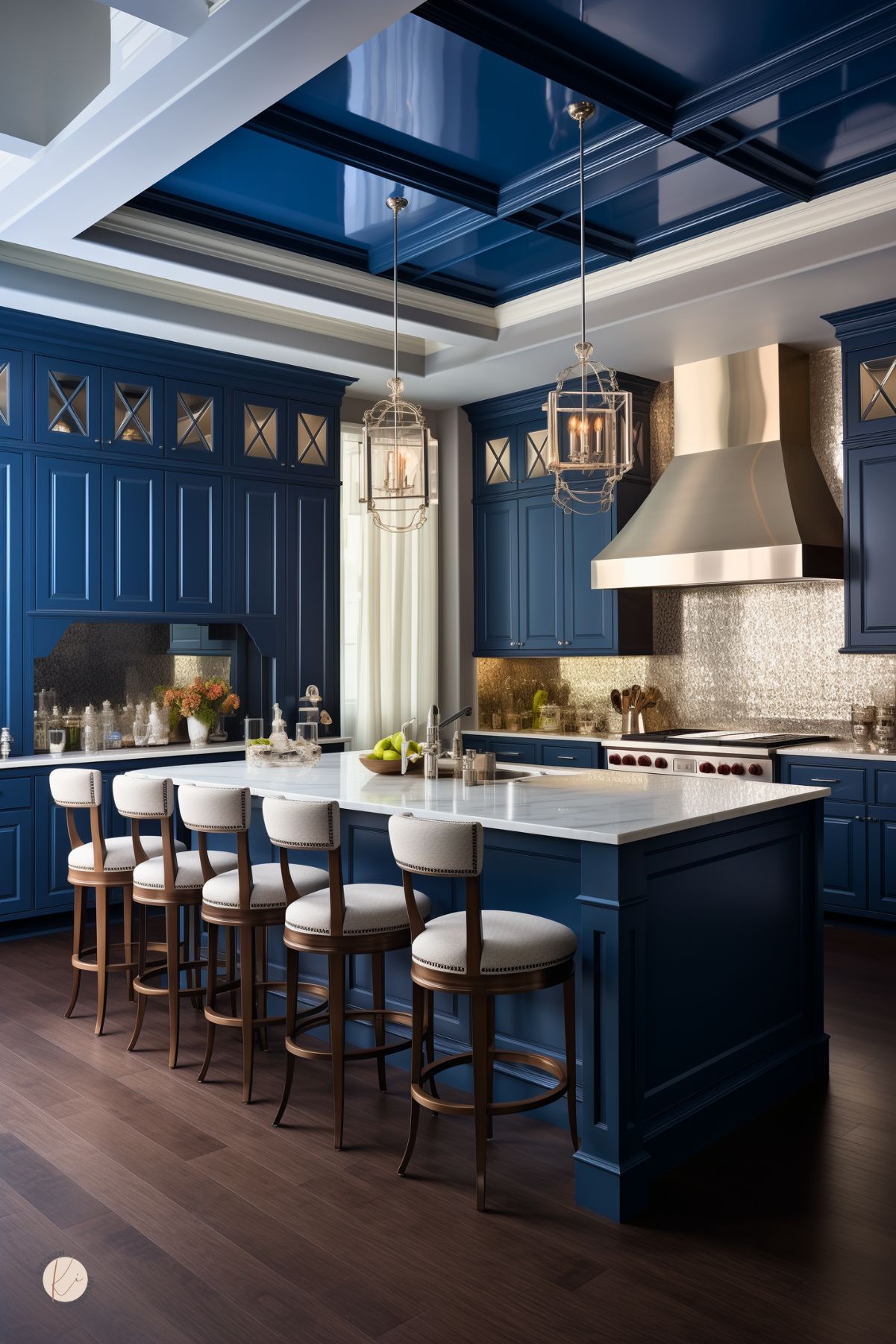 A luxurious kitchen with sapphire blue cabinetry, a marble island, and a reflective coffered ceiling. A metallic range hood and shimmering backsplash add elegance, while pendant lanterns and upholstered barstools complete the sophisticated design.