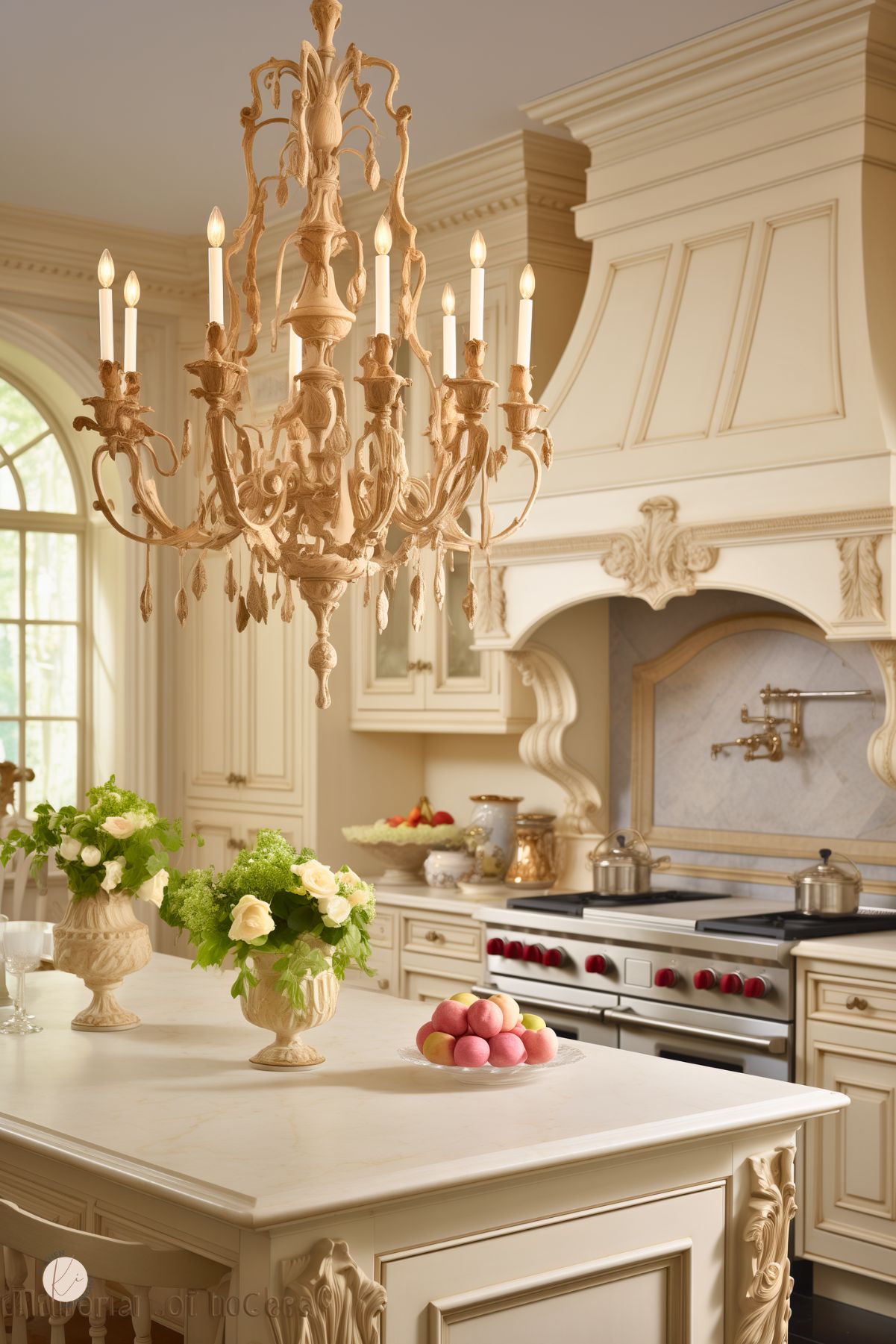 Opulent kitchen designed in soft cream hues featuring a large island with a marble countertop and elegant sculpted details. An elaborate carved chandelier provides a focal point above the island. Floral arrangements and fresh fruit add natural color and texture. The traditional cabinetry is adorned with intricate moldings, complementing the ornate range hood that frames a modern stove with red knobs, merging classic style with contemporary functionality.