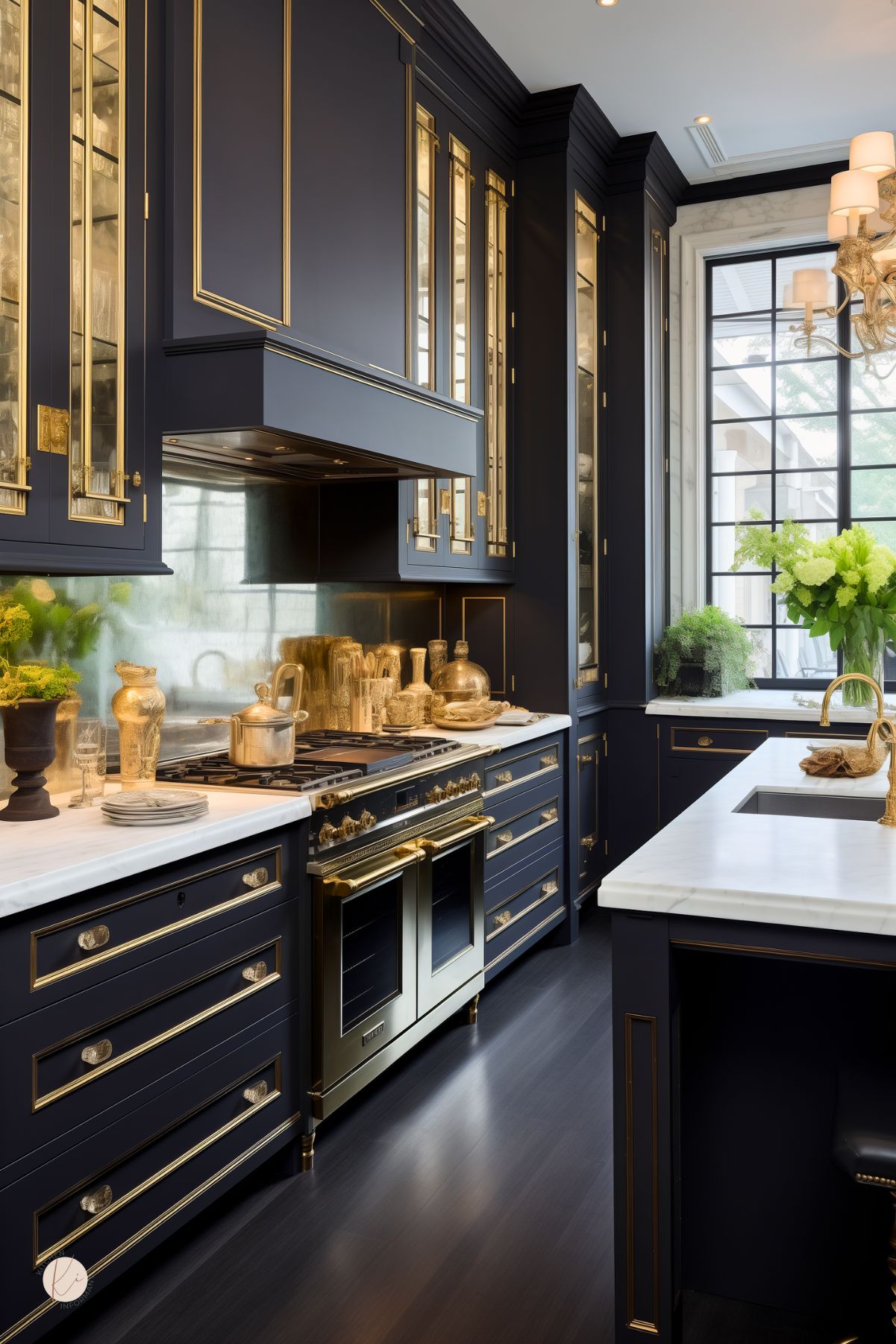 Sophisticated kitchen with deep navy cabinetry and gold trim, featuring a white marble countertop. Decorative gold and brass utensils complement the luxurious feel. Large windows provide natural light, highlighting the glossy hardwood flooring and lush greenery.