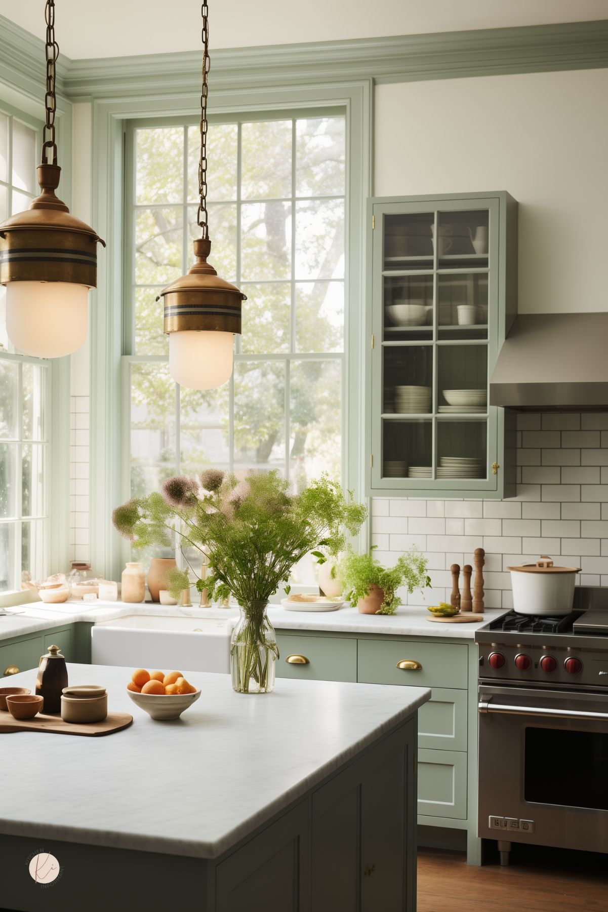 Serene kitchen with soft green cabinetry and white marble countertops. Antique-style pendant lights hang above, and large windows allow ample natural light. The space is accented with fresh greenery and simple pottery, creating a peaceful, welcoming atmosphere.