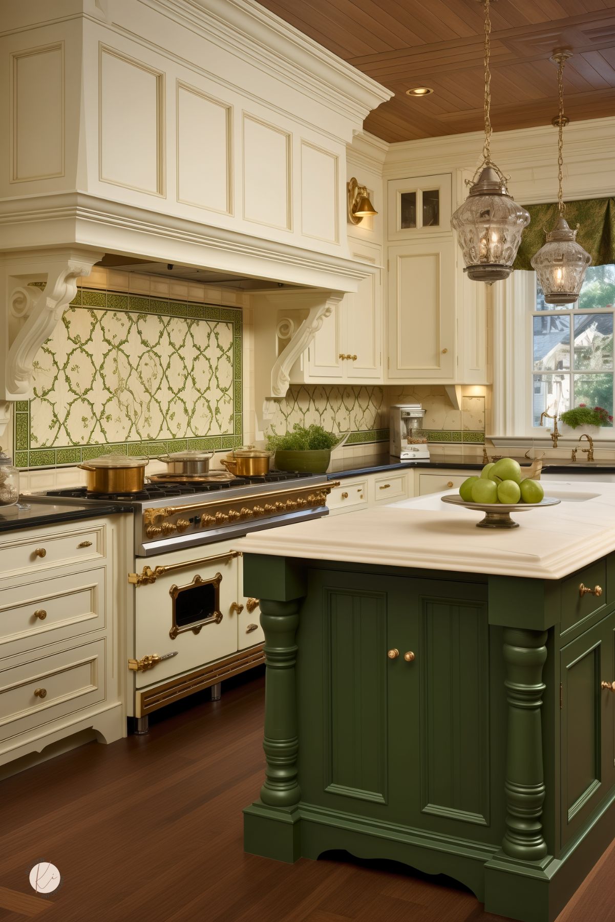 Elegant kitchen with cream cabinets and a green island, complemented by ornate carvings and gold hardware. A decorative tile backsplash adds a touch of color, and pendant lights hang above. The design includes a high-end stove and built-in appliances, creating a luxurious yet functional space.