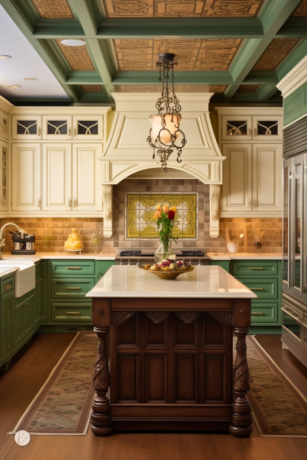 Victorian-inspired kitchen blending cream and emerald green cabinetry beneath a coffered ceiling painted in matching green. The kitchen features intricate woodwork on the island and a traditional stained glass backsplash. An ornate metal chandelier hangs above the island, which is topped with a vase of fresh flowers, adding a touch of natural beauty.