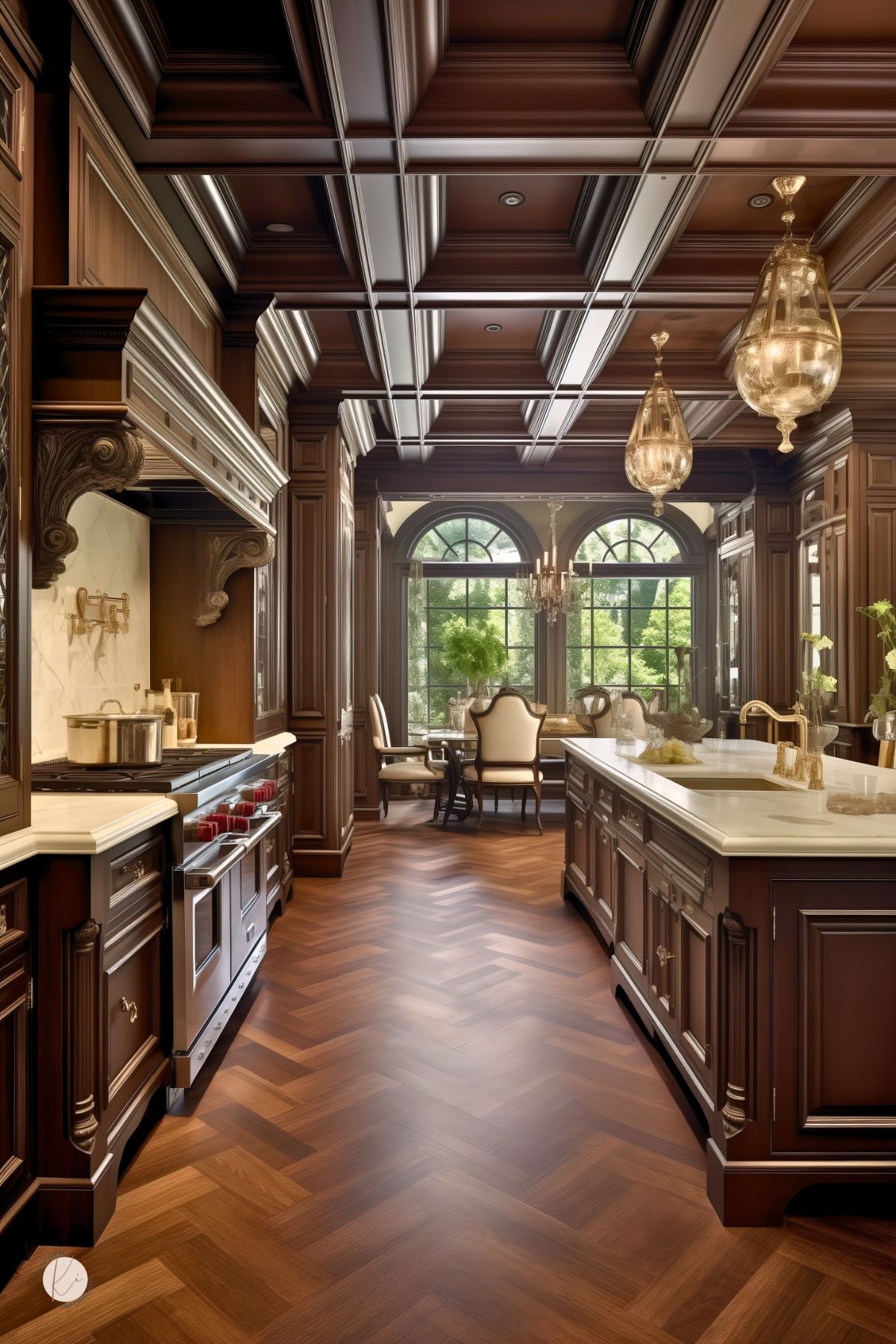 Grand kitchen featuring rich dark wood cabinetry and a paneled coffered ceiling. The space is illuminated by teardrop glass chandeliers, enhancing the luxurious feel. A large island with a white marble top serves as the centerpiece, surrounded by modern appliances integrated seamlessly into the classic design. Large arched windows offer a view of the garden, providing natural light and a sense of openness. The herringbone patterned wood floor adds depth and warmth to the sophisticated setting.