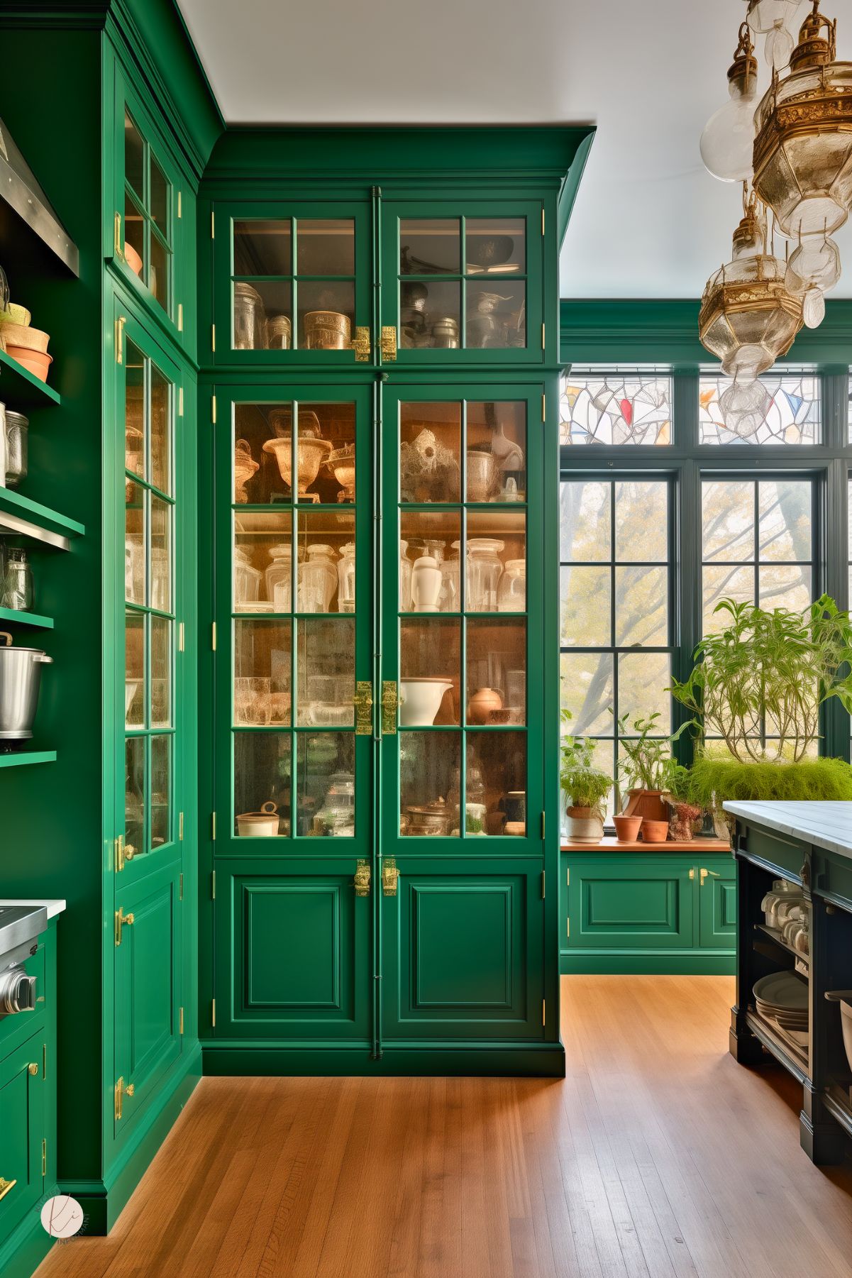 Bright and elegant kitchen featuring floor-to-ceiling emerald green cabinetry with glass fronts displaying neatly organized kitchenware. The cabinets are complemented by a hardwood floor and classic stained glass windows, with a variety of potted plants adding a natural touch. A vintage-style chandelier hangs above, enhancing the room's historic charm.