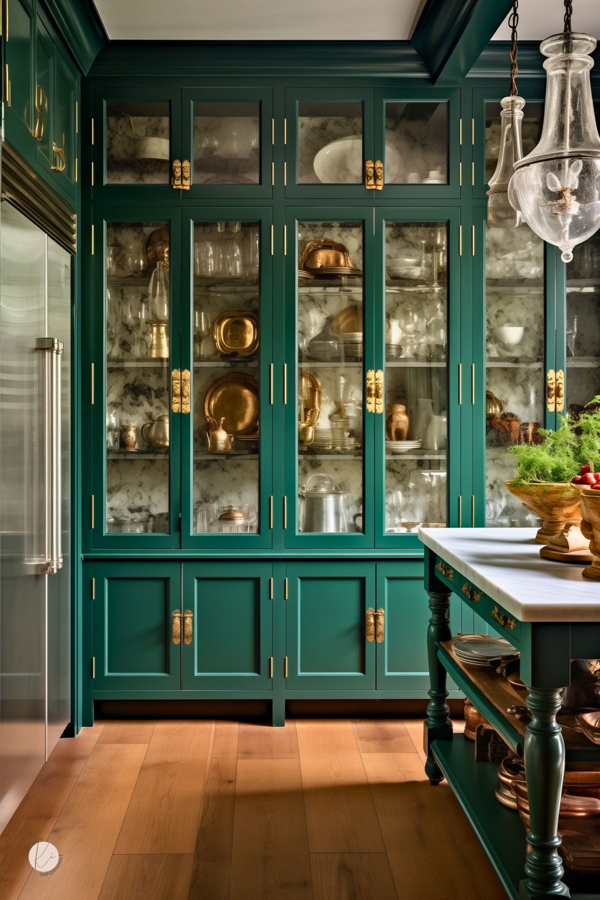 Sophisticated kitchen with deep teal cabinetry accented by gold hardware. The cabinets are fitted with glass fronts, showcasing an array of elegant gold dishware against a marble interior. Above, a traditional glass chandelier adds a luxurious touch. The richly colored wooden floor complements the overall stately design.