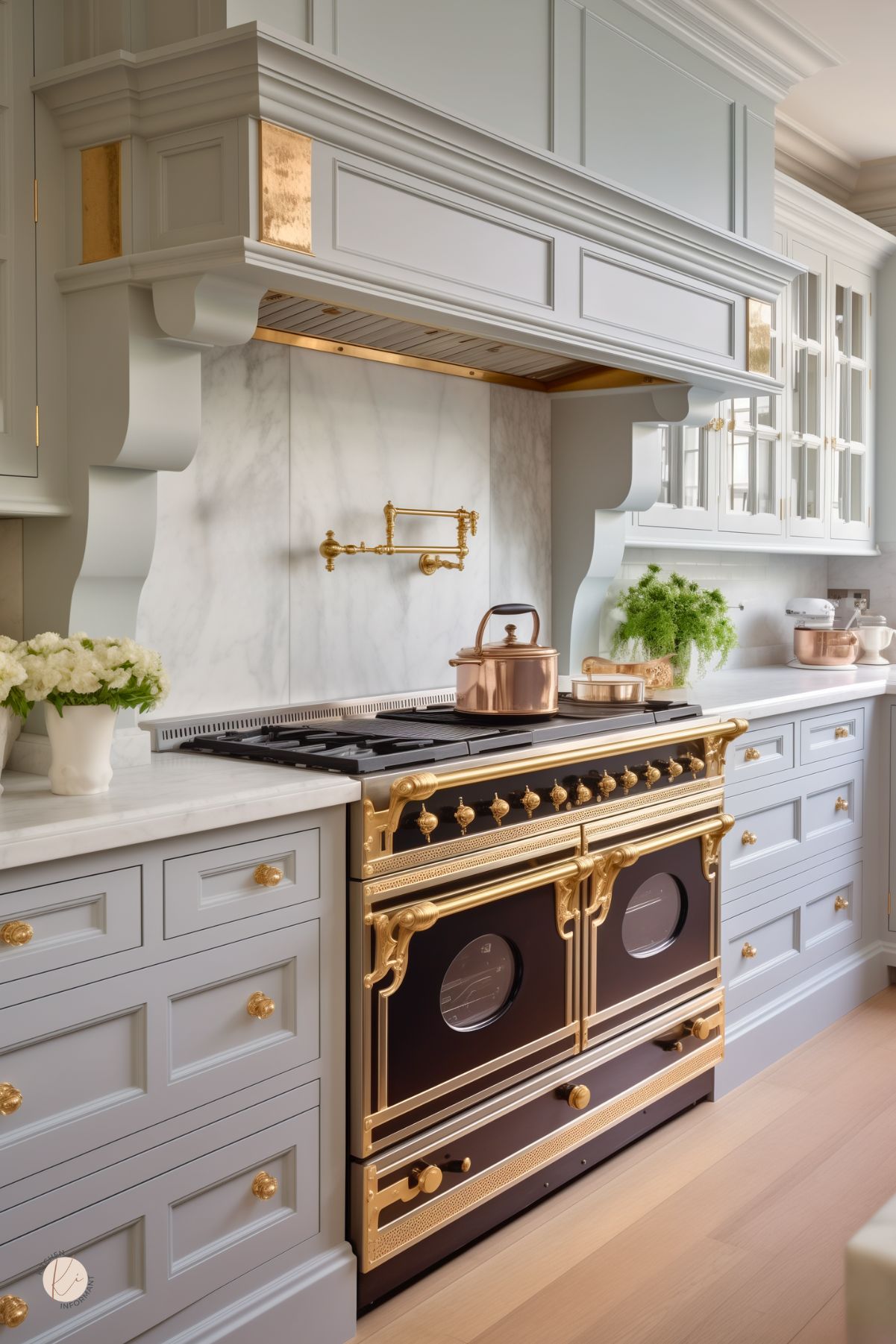 Elegant kitchen with light gray cabinetry and gold hardware, featuring a striking gold and black range. Above, a custom range hood matches the cabinetry, set against a backdrop of white marble that extends to the countertops. Delicate floral arrangements and polished copper pots add a touch of warmth and sophistication to the serene color palette.